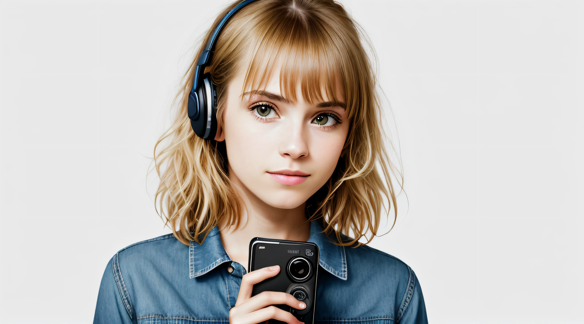 mENINA BLONDE CHILD, PORTRAIT, INFINITE WHITE BACKGROUND,WALKMAN.
