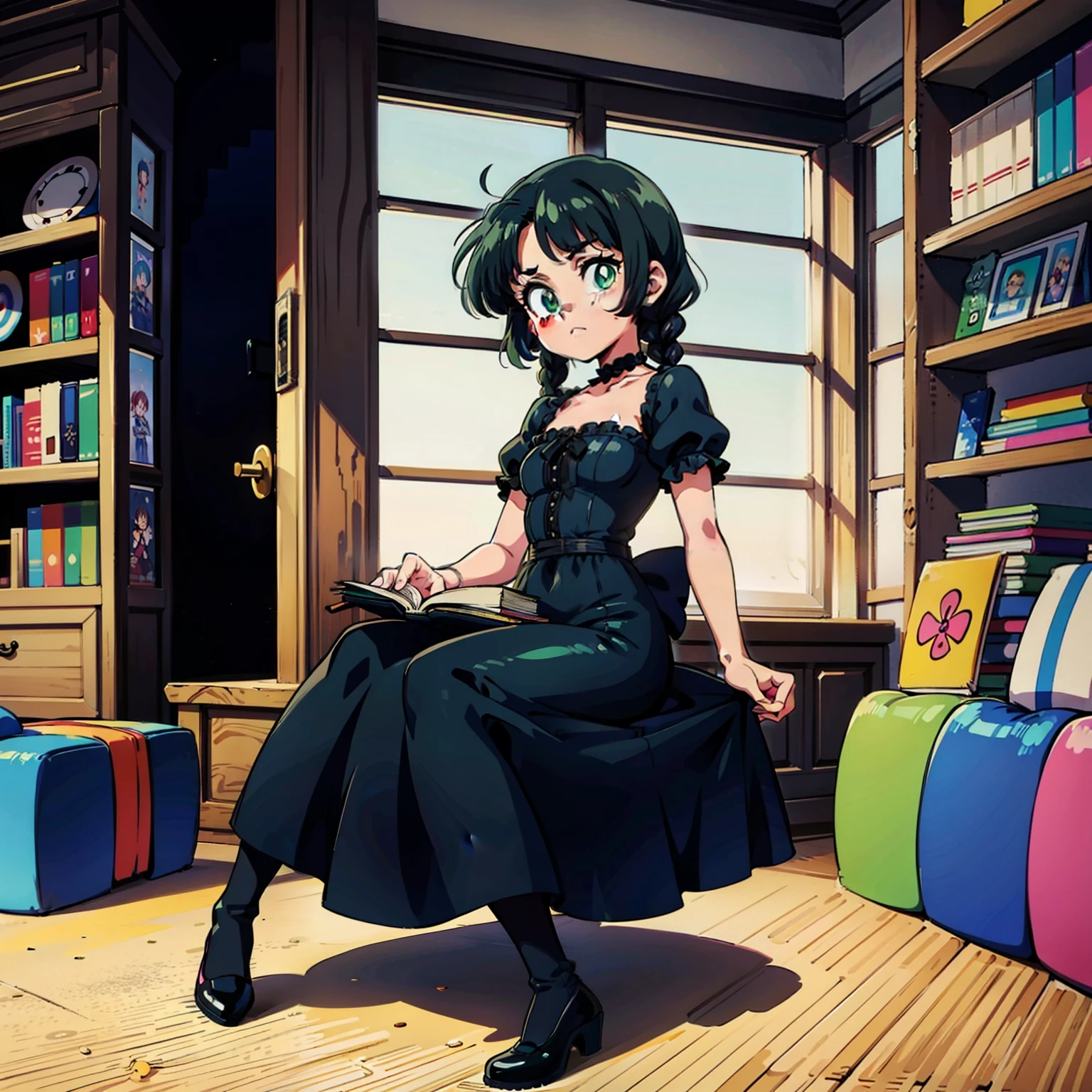 16 year old girl, short black hair, with a braid on the right side of the head, full body, short black dress, lolita gothic style dress, modern gothic, light green eyes, in a store of old items like guns toys and books, retro anime style, 80's anime, 80's retro anime, vibrant colors and solid shadows