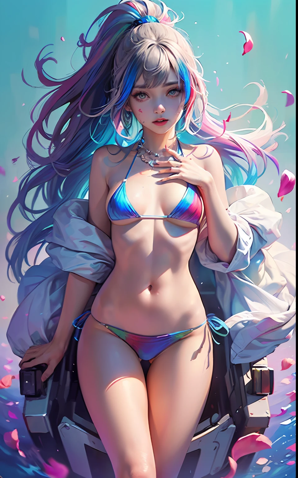Full Body Portrait、standing、(Colorful Fashion ultra micro mini bikini:1.9)、(colourful hair:1.8)、(All colors of the rainbow:1.8)、((((vertical painting:1.6)))、(painterly、:1.6)、front Face、comic、An illustration、painterly、、big Eyes、Crystal clear eyes、(Iridescent gradient high ponytail:1.7)、Exquisite makeup、mouth closed、(Small fresh:1.5)、(Wipe chest:1.6)、long eyelash、Looking at the audience、Big watery eyes、(Iridescent hair:1.6)、 color splash, (solo、:1.8), color splash, Color explosion, Thick paint style, Messy lines, ((resplendent)), (COLORFUL), (COLORFUL), COLORFUL, COLORFUL, Chic paint style, (Splash) (color splash), vertical painting, upperbody, Paint Splash, Acrylic pigments, gradients, painti, highest quality, highest quality, Master peace、, solo、, depth offield, face-paint, colorfully clothes, (elegantly: 1.2), Gorgeous,slong hair, Wind, (elegantly: 1.3), (flower petals:1.4)、(((Master peace、)))、(((sthe highest qualit)))、((Super Detailed))、(An illustration)、(dynamic ungle)、((floating))、(painti)、((Tousled Hair))、(solo、)、(1女の子)、((Detailed Anima Face)))、((Beautiful Detailed Face))、collared、Bare Shoulder、white haired、((colourful hair))、(((streaked hair))、Beautiful Detailed Eyes、(Eyes in gradient colors)、(((colorful eyes))))、(colorful background))))、((((High Saturation))))、(((Surrounded by colorful splashes)))、