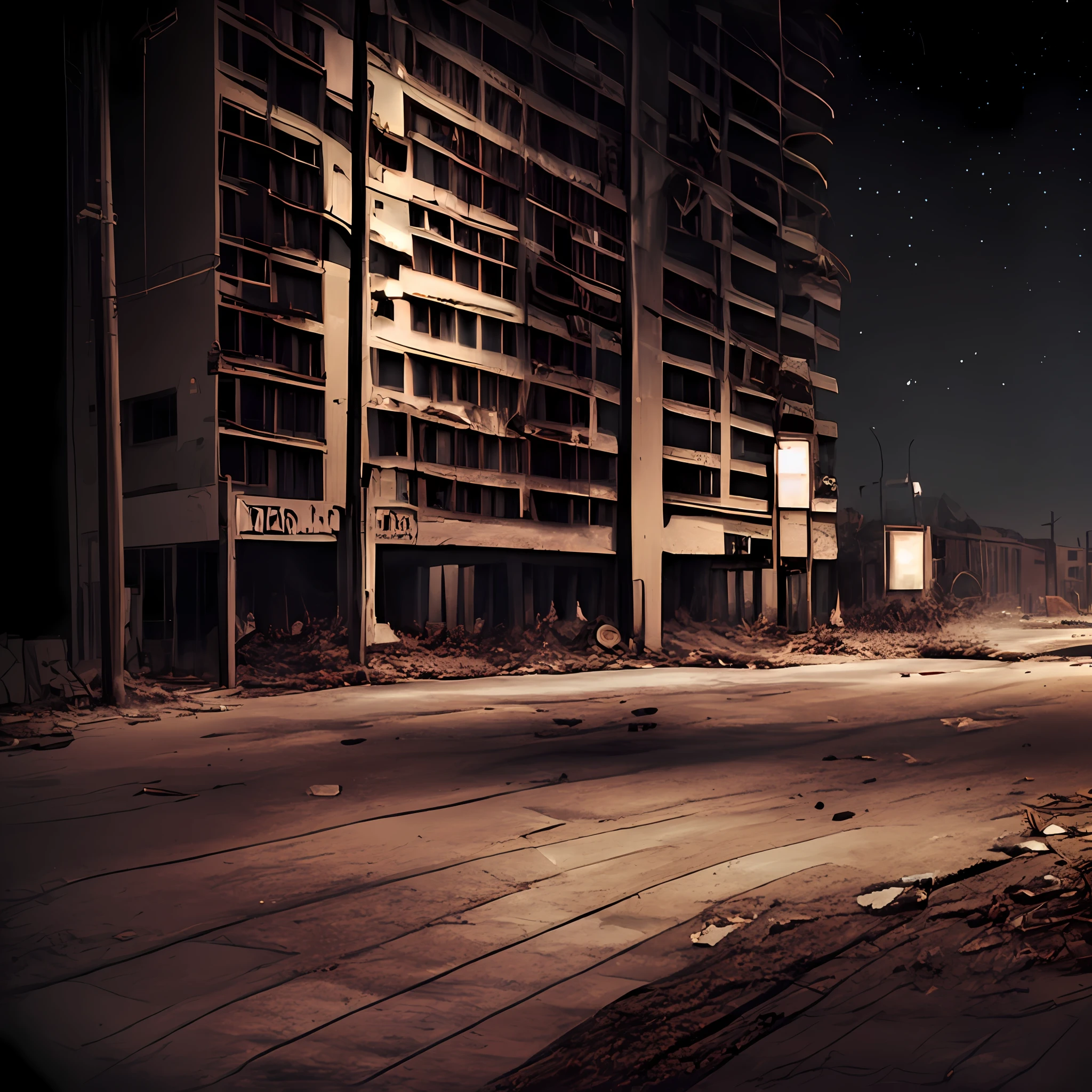 nighttime shot of a deserted street with a building in the background, dark abandoned city streets, post - apocalyptic city streets, post apocalyptic street, at a deserted city, in a post apocalyptic city, outdoors ruined cityscape, in a ruined cityscape, an abandoned dystopian city, abandoned streets, in postapocalypse city, post - apocalyptic city, post apocalyptic atmosphere, post apocalyptic district