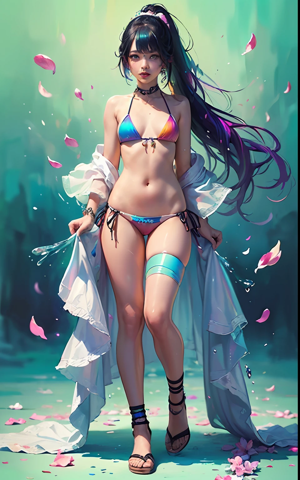Full Body Portrait、standing、(Colorful Fashion ultra micro mini bikini:1.9)、(colourful hair:1.8)、(All colors of the rainbow:1.8)、((((vertical painting:1.6)))、(painterly、:1.6)、front Face、comic、An illustration、painterly、、big Eyes、Crystal clear eyes、(Iridescent gradient high ponytail:1.7)、Exquisite makeup、mouth closed、(Small fresh:1.5)、(Wipe chest:1.6)、long eyelash、Looking at the audience、Big watery eyes、(Iridescent hair:1.6)、 color splash, (solo、:1.8), color splash, Color explosion, Thick paint style, Messy lines, ((resplendent)), (COLORFUL), (COLORFUL), COLORFUL, COLORFUL, Chic paint style, (Splash) (color splash), vertical painting, upperbody, Paint Splash, Acrylic pigments, gradients, painti, highest quality, highest quality, Master peace、, solo、, depth offield, face-paint, colorfully clothes, (elegantly: 1.2), Gorgeous,slong hair, Wind, (elegantly: 1.3), (flower petals:1.4)、(((Master peace、)))、(((sthe highest qualit)))、((Super Detailed))、(An illustration)、(dynamic ungle)、((floating))、(painti)、((Tousled Hair))、(solo、)、(1女の子)、((Detailed Anima Face)))、((Beautiful Detailed Face))、collared、Bare Shoulder、white haired、((colourful hair))、(((streaked hair))、Beautiful Detailed Eyes、(Eyes in gradient colors)、(((colorful eyes))))、(colorful background))))、((((High Saturation))))、(((Surrounded by colorful splashes)))、