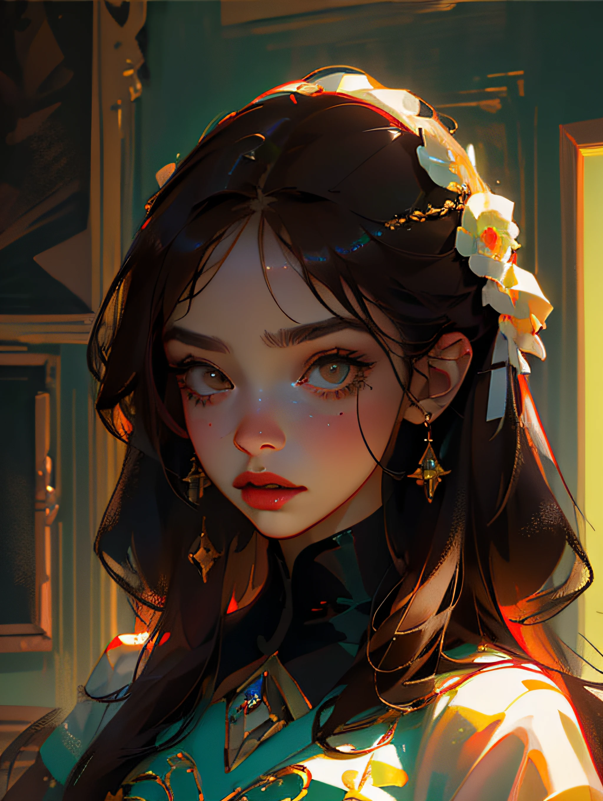(best quality, masterpiece:1.3) 1girl, brown hair, dark mood