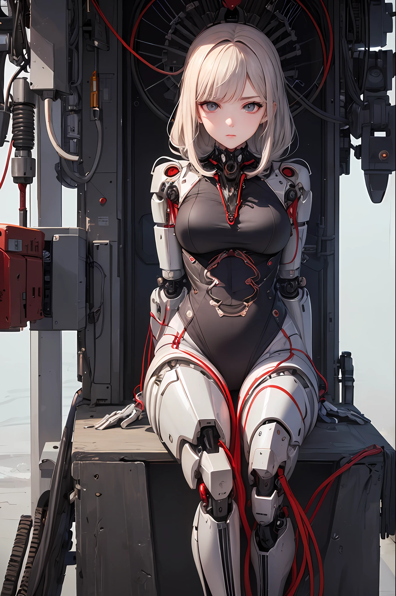 (((masterpiece))), ((best quality)), ((ultra-detailed)), (CG illustration), (an extremely devious and beautiful)), (cute desktop face), cinematic light, ((1 mechanical girl)), beautiful face, face, with many roses, single, full-body, female perfect figure, (machine-made joints: 1.4), ((mechanical limbs)), (blood vessels attached to tubes), ((mechanical spine attached to the back)), ((mechanical cervical vertebrae attached to the neck), (sitting)), expressionless, (wires and cables attached to the head and body: 1.5), (character focus), science fiction