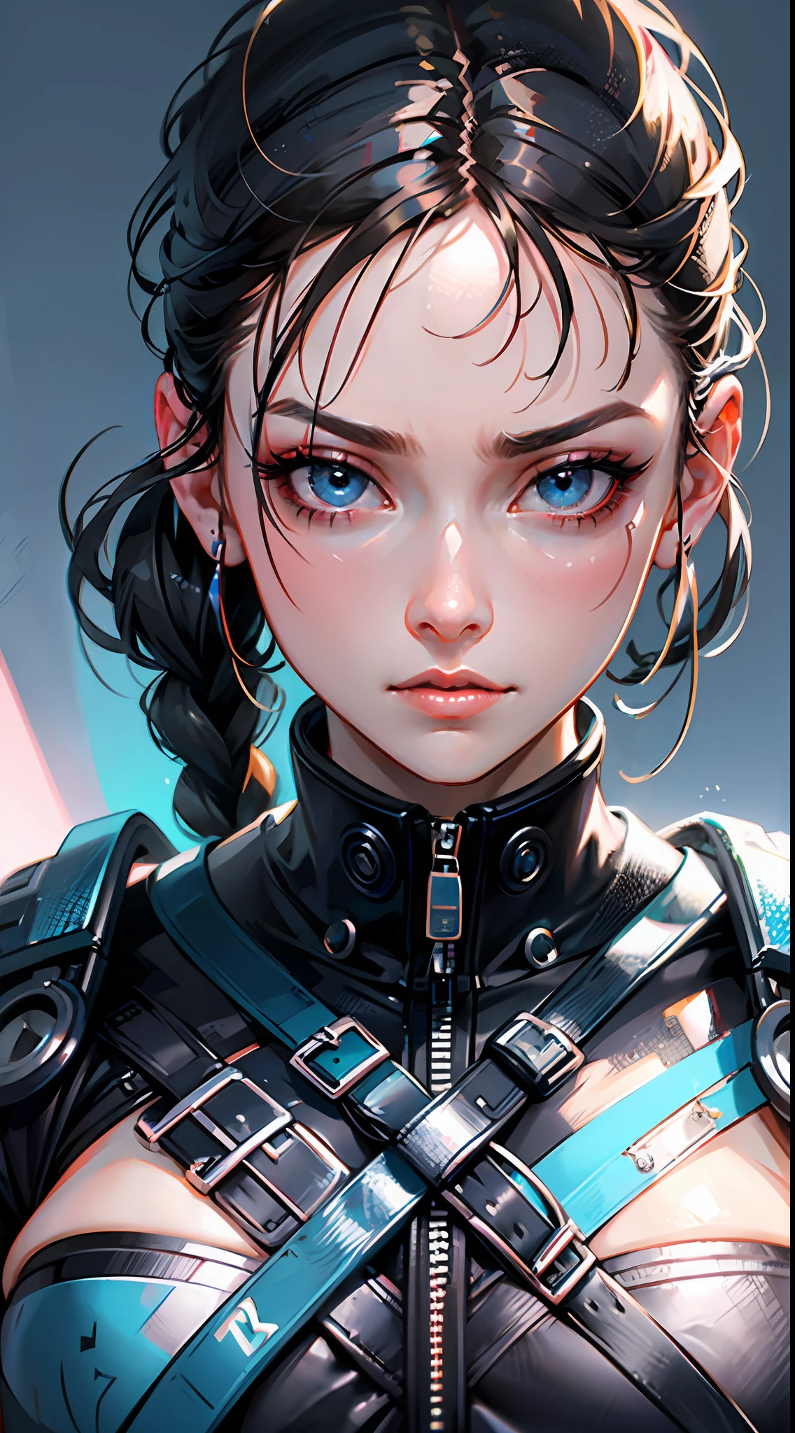 Beautiful cyberpunk woman, 19 years old, (Best quality, ultra realistic, masterpiece), Black hair tied with braid, Beautiful eyes, Pale skin, Delicate face, Detailed mouth, Detailed eye, Pointy nose, Shiny face, Serious face, Irritated.