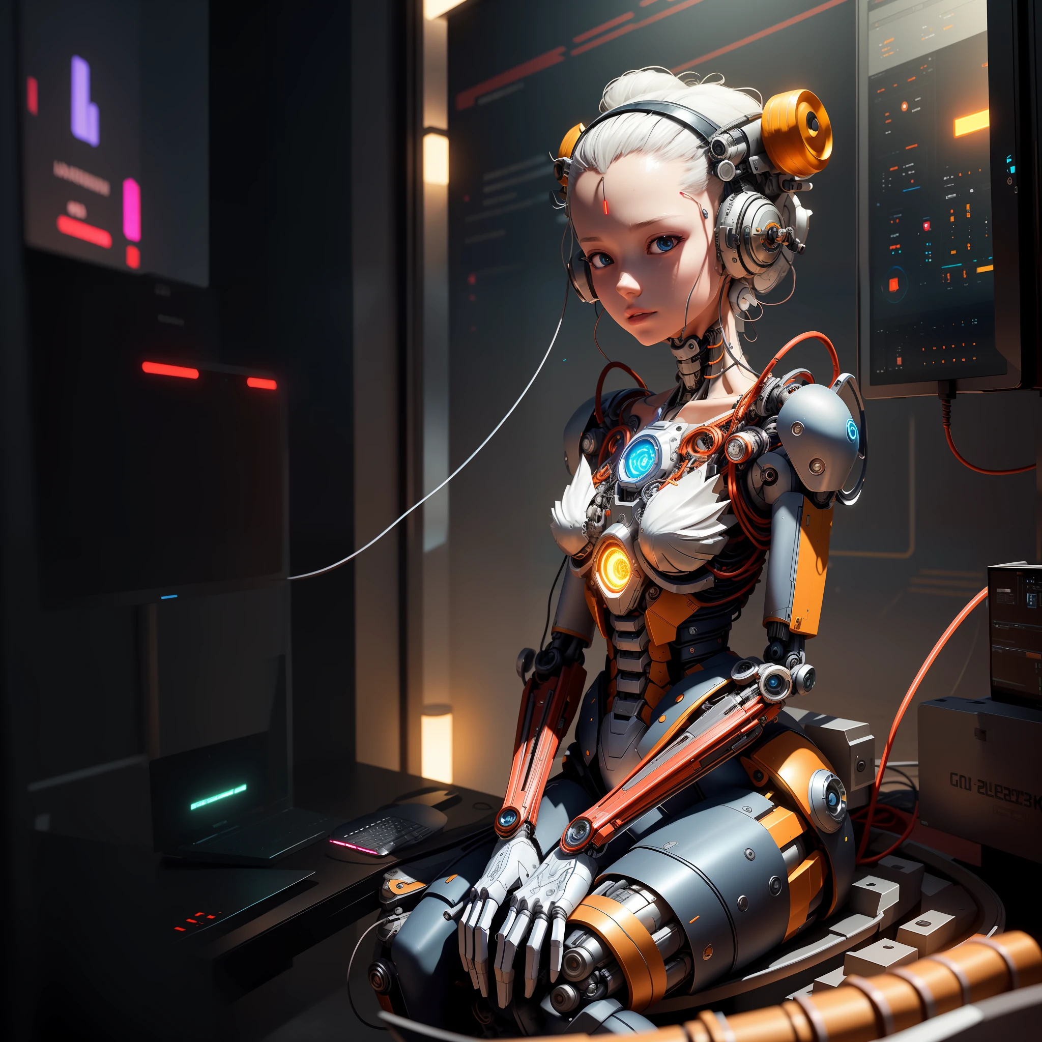there is a woman sitting on a table with a computer, cute cyborg girl, 3 d render character art 8 k, 4k highly detailed digital art, digital cyberpunk anime art, cyberpunk anime girl mech, stunning digital illustration, smooth digital concept art, beautiful robot character design, beautiful digital artwork, cyborg girl, wojtek fus, digital concept art, cgsociety 8k