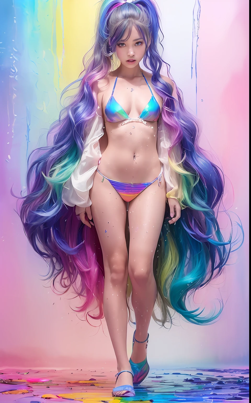 Full Body Portrait、standing、(Colorful Fashion ultra micro mini bikini:1.9)、(colourful hair:1.8)、(All colors of the rainbow:1.8)、((((vertical painting:1.6)))、(painterly、:1.6)、front Face、comic、An illustration、painterly、、big Eyes、Crystal clear eyes、(Iridescent gradient high ponytail:1.7)、Exquisite makeup、mouth closed、(Small fresh:1.5)、(Wipe chest:1.6)、long eyelash、Looking at the audience、Big watery eyes、(Iridescent hair:1.6)、 color splash, (solo、:1.8), color splash, Color explosion, Thick paint style, Messy lines, ((resplendent)), (COLORFUL), (COLORFUL), COLORFUL, COLORFUL, Chic paint style, (Splash) (color splash), vertical painting, upperbody, Paint Splash, Acrylic pigments, gradients, painti, highest quality, highest quality, Master peace、, solo、, depth offield, face-paint, colorfully clothes, (elegantly: 1.2), Gorgeous,slong hair, Wind, (elegantly: 1.3), (flower petals:1.4)、(((Master peace、)))、(((sthe highest qualit)))、((Super Detailed))、(An illustration)、(dynamic ungle)、((floating))、(painti)、((Tousled Hair))、(solo、)、(1女の子)、((Detailed Anima Face)))、((Beautiful Detailed Face))、collared、Bare Shoulder、white haired、((colourful hair))、(((streaked hair))、Beautiful Detailed Eyes、(Eyes in gradient colors)、(((colorful eyes))))、(colorful background))))、((((High Saturation))))、(((Surrounded by colorful splashes)))、