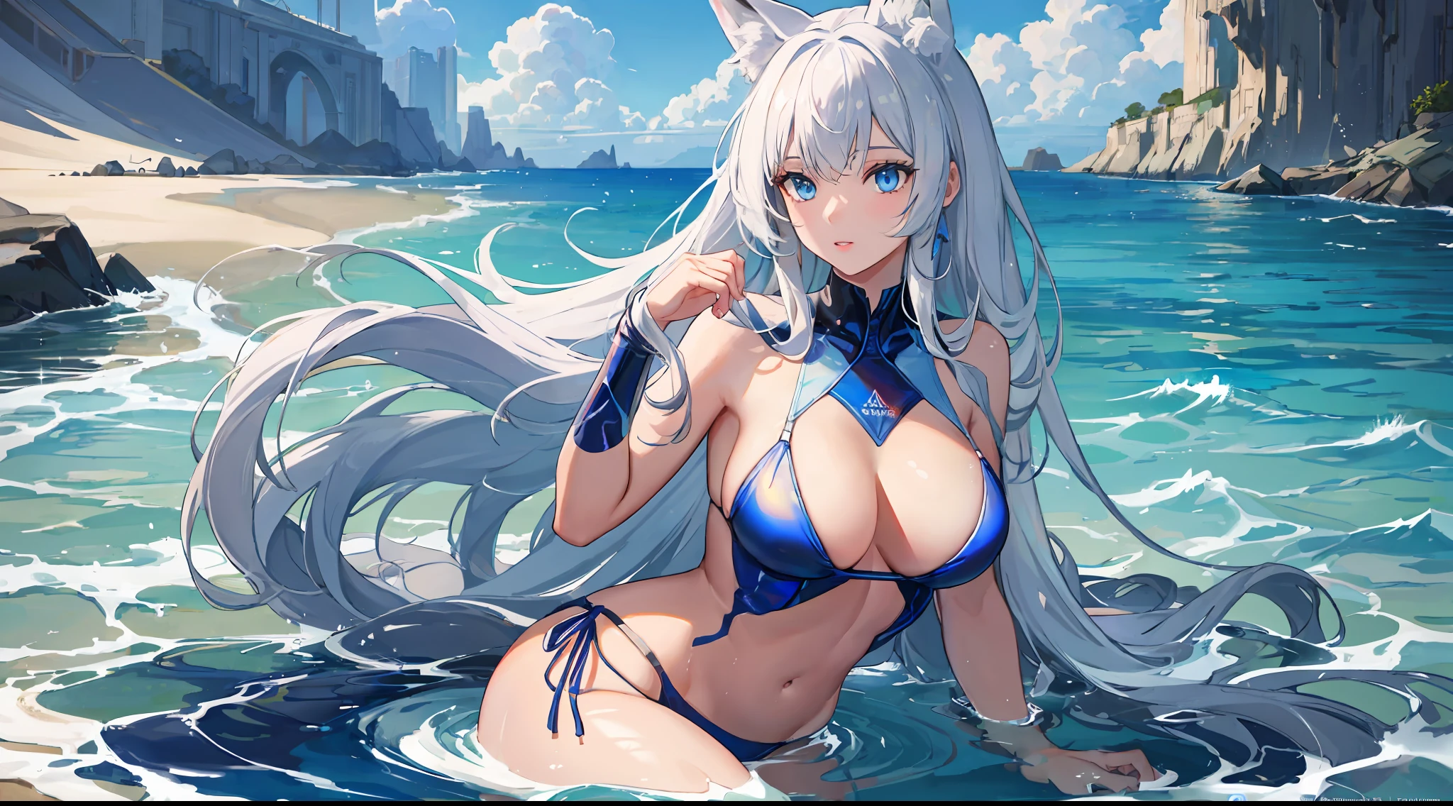 masterpiece, best quality, highres, extremely clear 8k wallpaper, blue sky, crystal clear beach, white sand, detailed face, ultra realistic, shapely, 1girl, bathing in the sea, (beautiful and detailed blue eyes:1.4), (silky long hair), (two-tone_hair and (silver hair:0.75), (blue hair:0.25)), upshirt, underboob, white swimming uniform, (white fox tail),