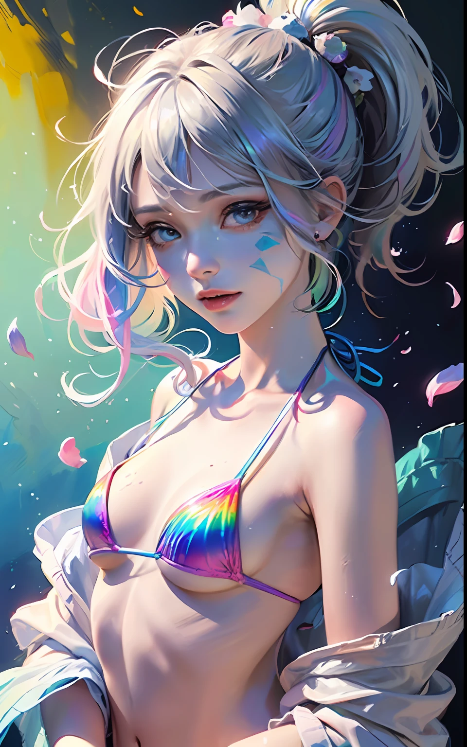 Full Body Portrait、standing、(Colorful Fashion ultra micro mini bikini:1.9)、(colourful hair:1.8)、(All colors of the rainbow:1.8)、((((vertical painting:1.6)))、(painterly、:1.6)、front Face、comic、An illustration、painterly、、big Eyes、Crystal clear eyes、(Iridescent gradient high ponytail:1.7)、Exquisite makeup、mouth closed、(Small fresh:1.5)、(Wipe chest:1.6)、long eyelash、Looking at the audience、Big watery eyes、(Iridescent hair:1.6)、 color splash, (solo、:1.8), color splash, Color explosion, Thick paint style, Messy lines, ((resplendent)), (COLORFUL), (COLORFUL), COLORFUL, COLORFUL, Chic paint style, (Splash) (color splash), vertical painting, upperbody, Paint Splash, Acrylic pigments, gradients, painti, highest quality, highest quality, Master peace、, solo、, depth offield, face-paint, colorfully clothes, (elegantly: 1.2), Gorgeous,slong hair, Wind, (elegantly: 1.3), (flower petals:1.4)、(((Master peace、)))、(((sthe highest qualit)))、((Super Detailed))、(An illustration)、(dynamic ungle)、((floating))、(painti)、((Tousled Hair))、(solo、)、(1女の子)、((Detailed Anima Face)))、((Beautiful Detailed Face))、collared、Bare Shoulder、white haired、((colourful hair))、(((streaked hair))、Beautiful Detailed Eyes、(Eyes in gradient colors)、(((colorful eyes))))、(colorful background))))、((((High Saturation))))、(((Surrounded by colorful splashes)))、