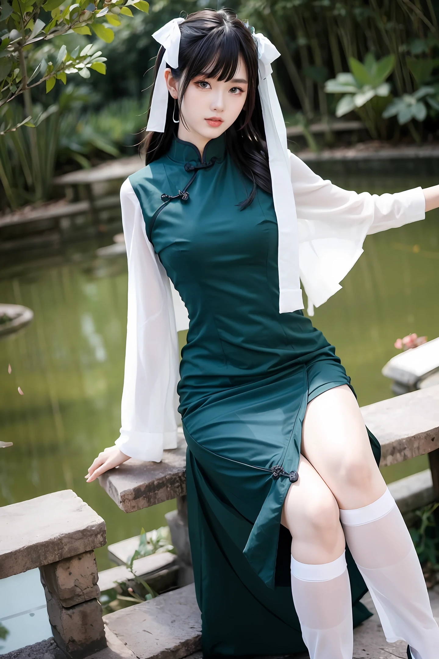 An ancient Chinese beauty, dignified temperament, flowing long skirt, clear face, beautiful eyes, purple myrtle flowers surrounded, masterpiece, super detailed, epic composition, super HD, high quality, highest quality, 32k --v 6
