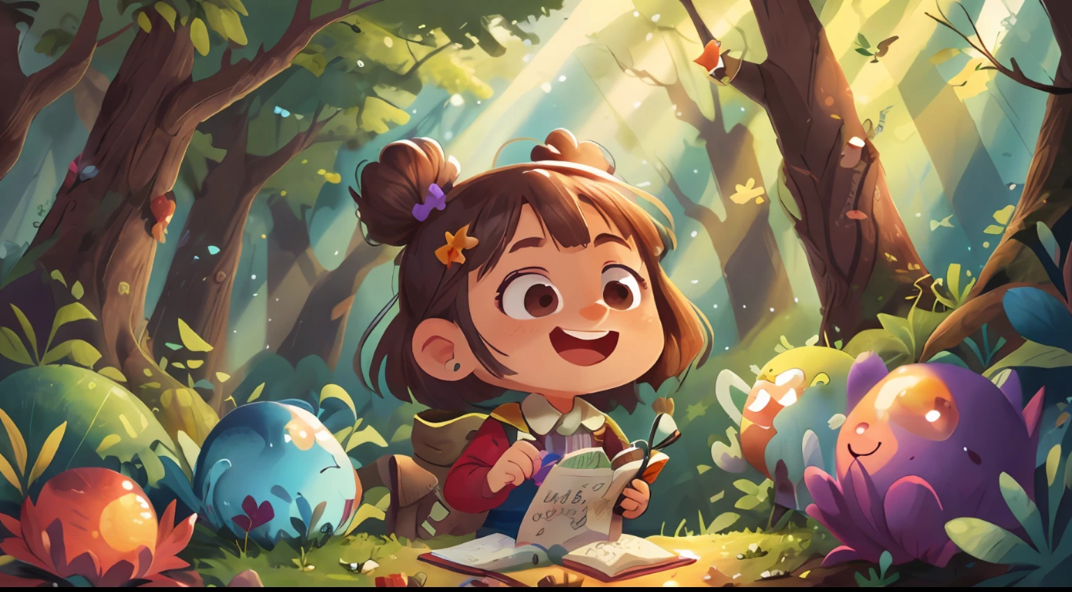 A girl,the forest,Hold,bubles,Glade,pleased,Perfect quality,Crisp focus(hOME:0.8), (master masterpiece:1.2) (PhotoRealistic:1.2) (bokeh) (best best quality) (detailedskin:1.3) (Complex detail) (8K) (detailedeyes) (Sharply Focused),(happy)