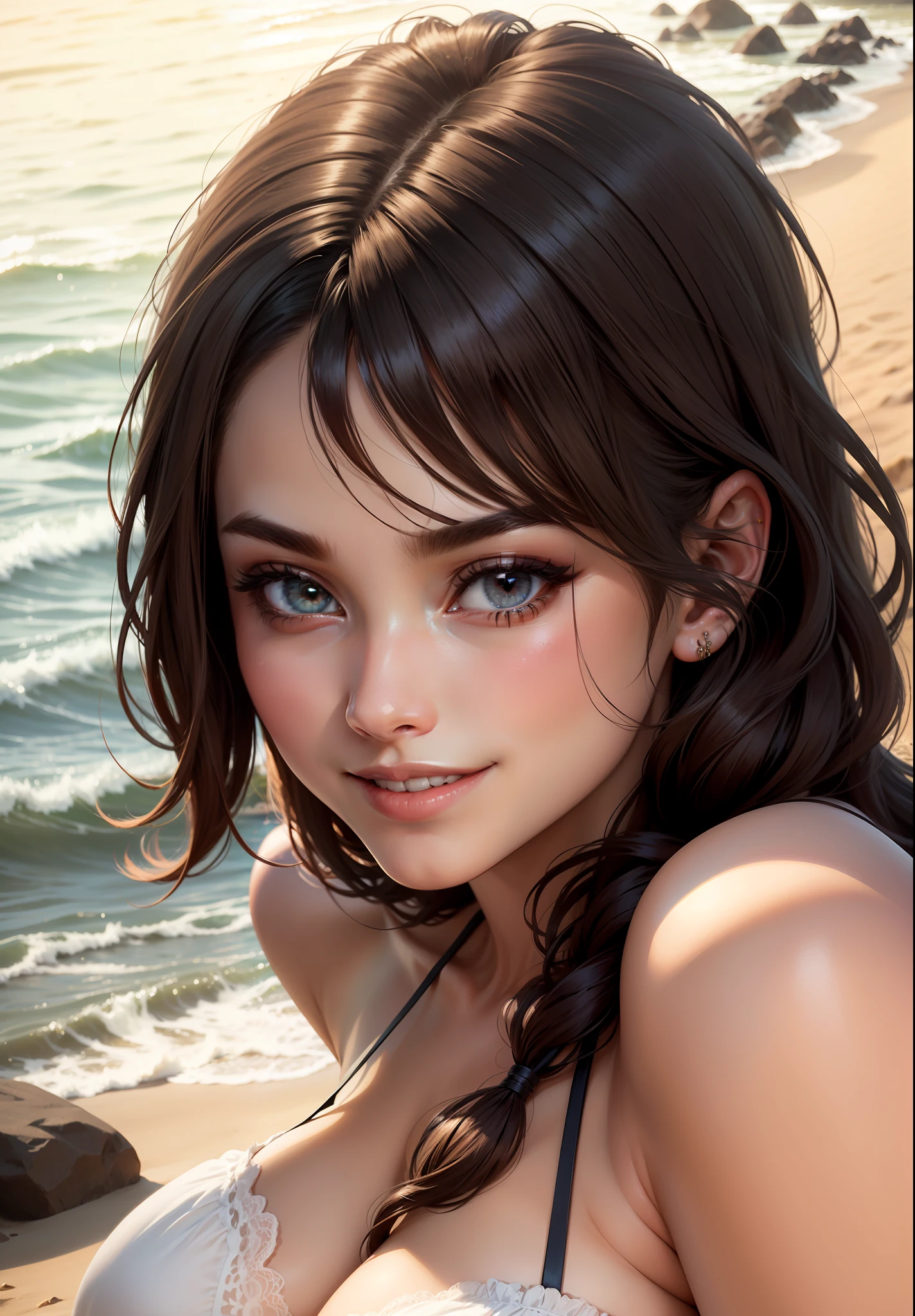 beauty, masterpiece, top quality, realistic, seductive light smile, charming eyes, appeal, cleavage, beach