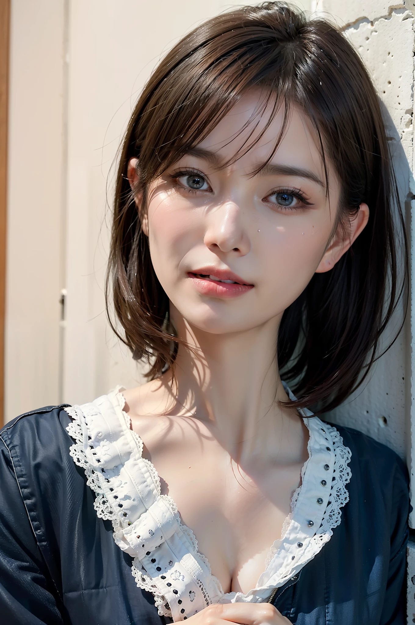 Top quality, masterpiece, ultra high resolution, (realistic, : 1.4), original photo, (true skin texture: 1.3), (film grain: 1.3), panorama, portrait, very wide lens, narrow waist, denim lens, (bangs, inconspicuous, cold light,) night, close-up, tears, short hair, neck long, ears out, bangs, big eyes, brightly colored eyes, in the house, dust, Tindall effect, (facial expression), sitting, (hitting a wall), crying, frowning, (looking down), nervousness, tears, smiling happily
one girl, eyes and face with beautiful details, white jabot, pink dark V, brown eyes,