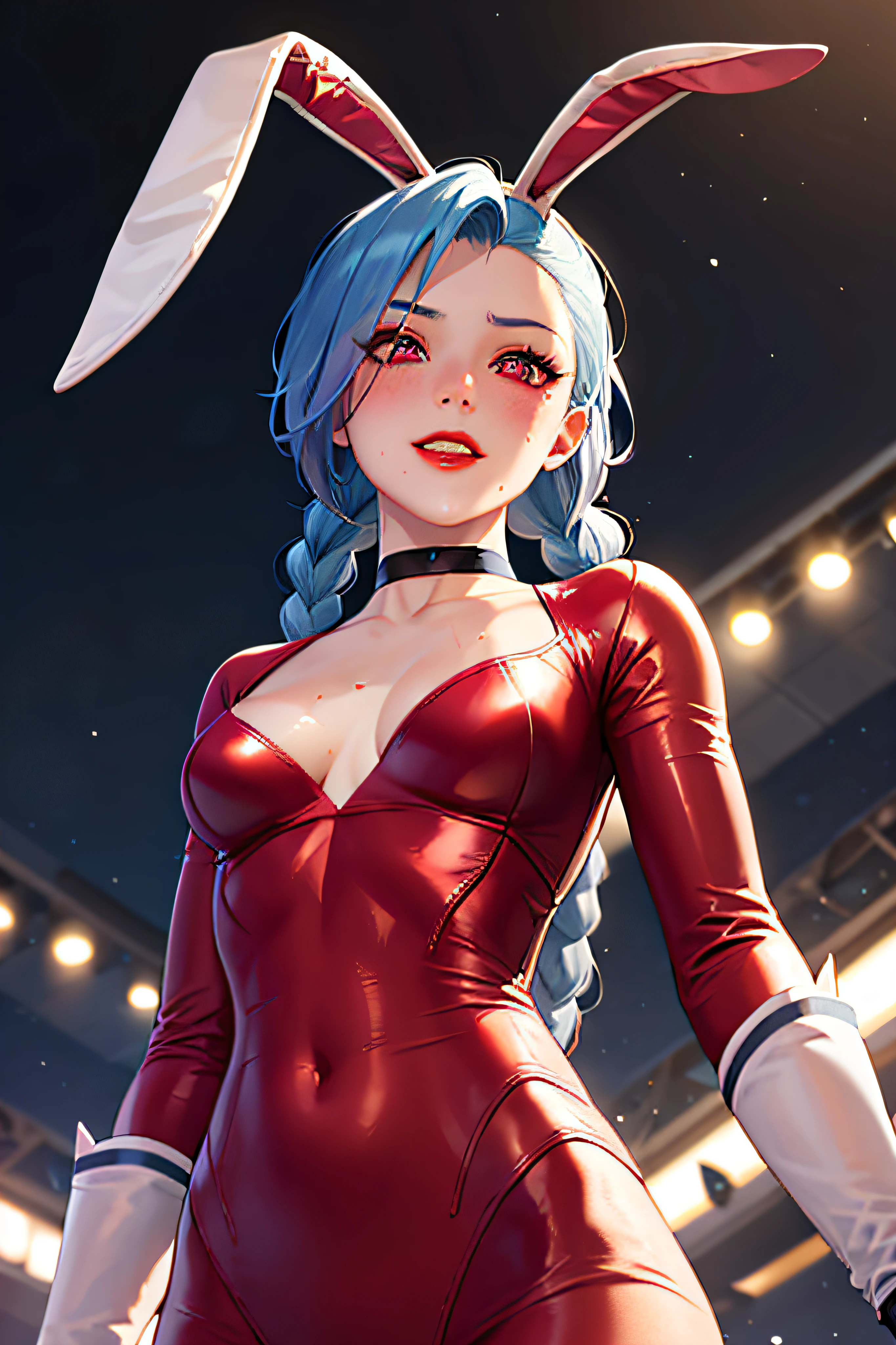 , (masterpiece, best quality:1.2),extremely intricate, (breasts focus), 1girl, solo, solo focus, detailed eyes, deep eyes, (freckles:0.8), cinematic light, rim lighting, ultra high res, perfect anatomy, best shadow, delicate, arcane style, 1girl, (JinxLol,:1.2), mature female,solo, solo focus, asymmetrical bangs, bangs, blue hair, collarbone, (small breasts), long hair, red lips, pink eyes, twin braids, arcane jinx, jinx \(league of legends\) , from front, ( upper body),(standing upright:1.2),from below, cute, shiny skin, abs, fit, sweaty, , detailed teeth, grin,(blushing), hoodnude, choker, reverse outfit, ,heart, (red reverse bunnysuit:1.2), fake rabbit ears, gloves,wrist cuffs, long sleeves,,