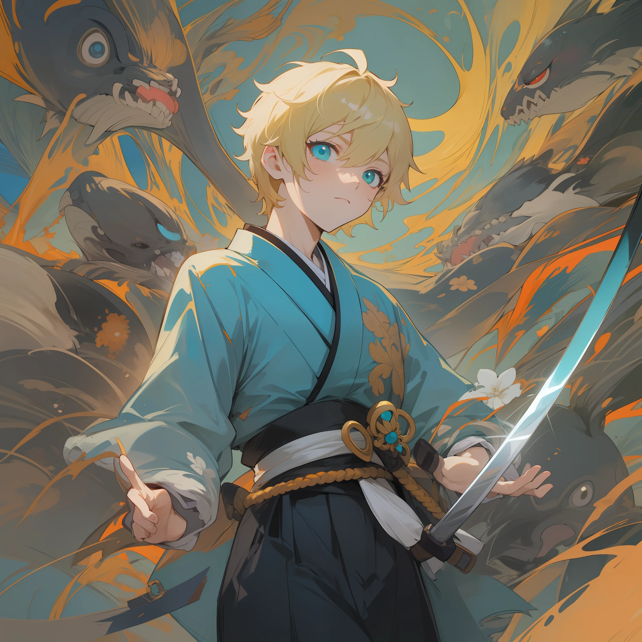 A blond boy, cyan eyes, thin, traditional Japanese cyan dress, with a katana, short hair, between a wind current, anime style, 2d, genshin impact style, anemo, high quality, manga - - Counterfeit-V3.0
