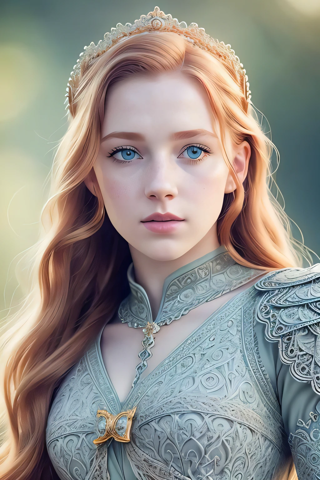 Warm light, medium shot, torso shot, beautiful pale redhead princess, intricate dress armor, bow on back, regal, dynamic pose, windblown hair, intricate crown, perfect face, (realistic eyes), round iris, blue green eyes, intricate, complex, freckles, Helios 44-2, swirly bokeh, trending on artstation