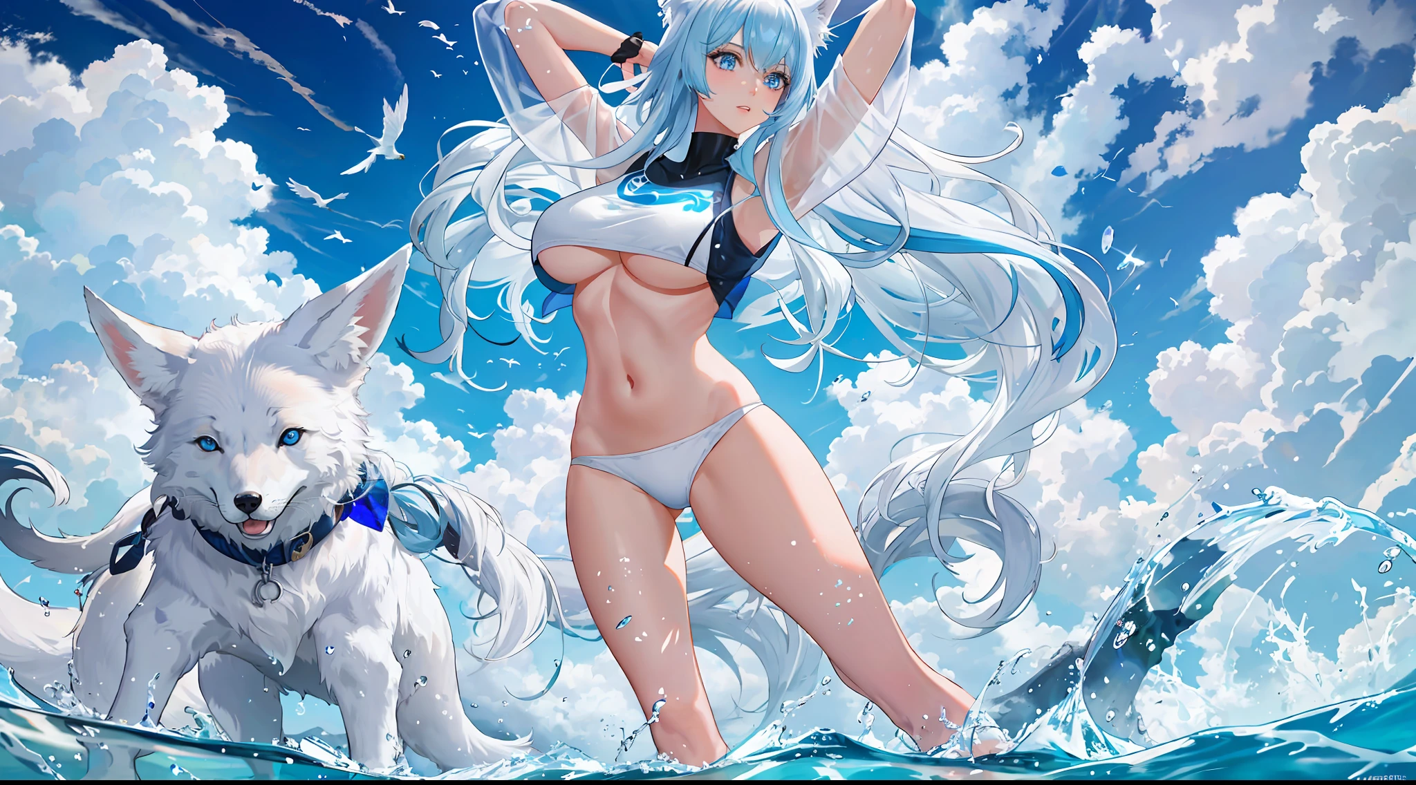 masterpiece, best quality, highres, extremely clear 8k wallpaper, blue sky, crystal clear beach, white sand, detailed face, ultra realistic, shapely, 1girl, bathing in the sea, (beautiful and detailed blue eyes:1.4), (silky long hair), (two-tone_hair and (silver hair:0.75), (blue hair:0.25)), upshirt, underboob, white swimming uniform, (white fox tail),