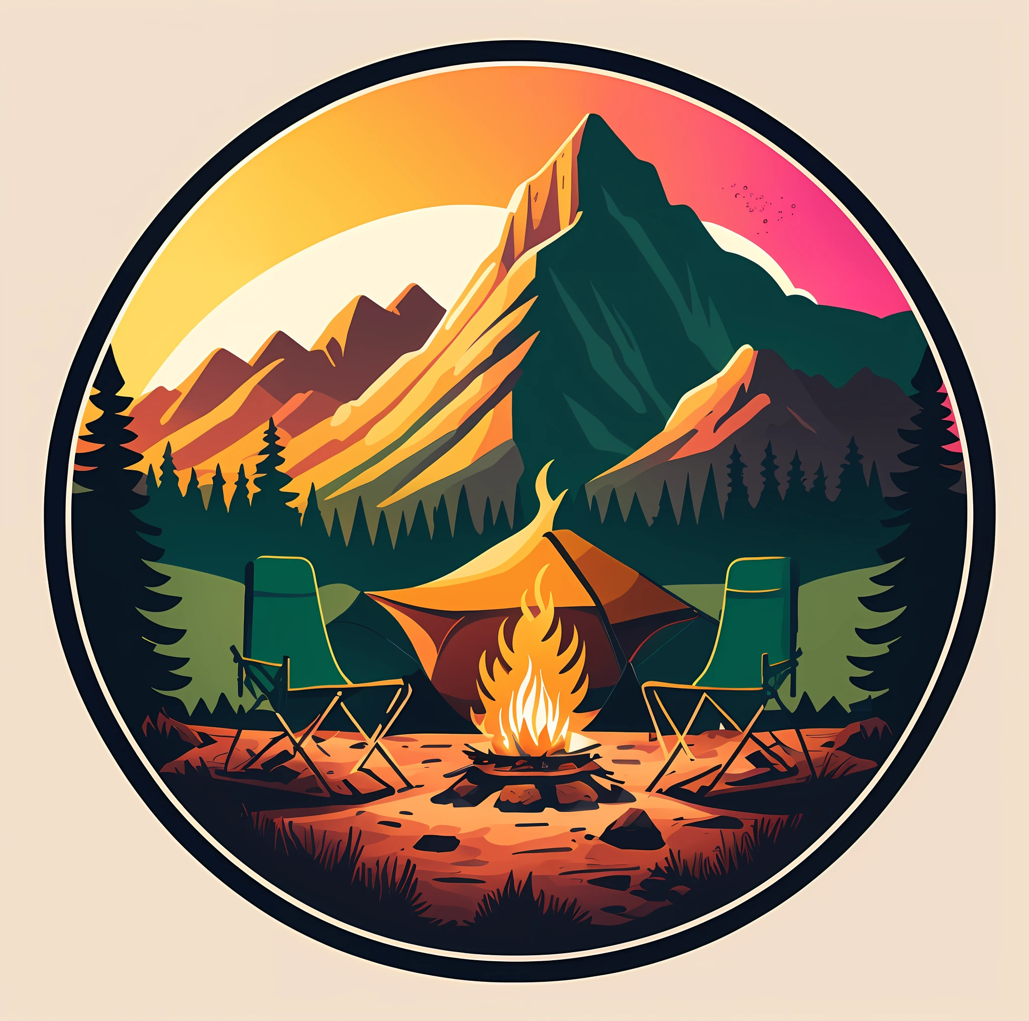 there is a campfire and chairs in front of a mountain, camp fire, campfire in background, campfire background, campfire, sticker illustration, retro illustration, mountain label, sunset illustration, camping, high detailed illustration, campy and colorful, jen bartel, outdoor campfire pit, landscape illustration, mountain scene, full color illustration, mountain sunrise, highly detailed illustration.”