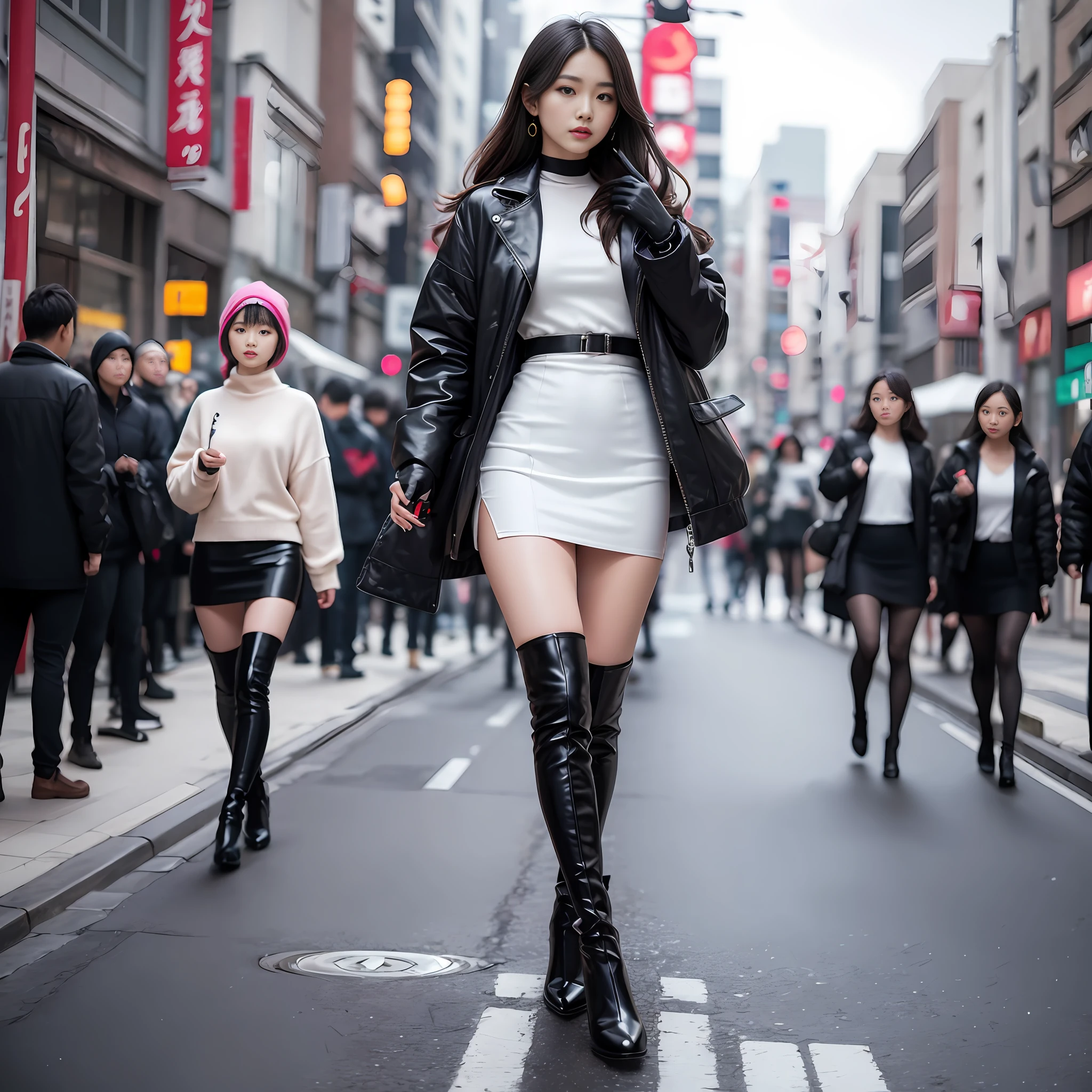 A woman in a white top and black boots standing on the street, Chinese female fashion model, white fluffy clothes, short skirt and long jacket, Japanese city street fashion, black pink Rosan Park, she wears streetwear, Japanese street fashion, Tokyo fashion, street dress woman in jacket and skirt, street fashion, Harajuku street fashion, beautiful woman walking in the wind, black gloves, over-the-knee red boots, tall, long legs, perfect body proportions, thin waist, black suspender stockings, tall, Slender body, nine-headed body, big eyes, beautiful and exquisite face, perfect body details, perfect body proportions, perfect visual proportions, fashion shooting, glamorous, feminine, delicate, highlighting female curves, subtext: sexy, confident. Chinese woman --auto --s2