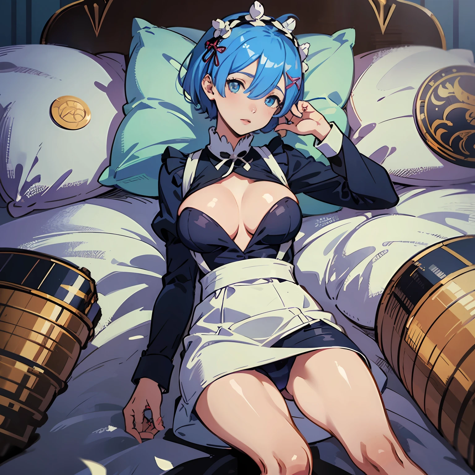 Rem from ReZero, Blue-haired girl, hair covering left eye, maid suit, white pantyhose, huge breasts, thin legs, ahegao, soft eyes, short, two-dimensional hair, tea in hand