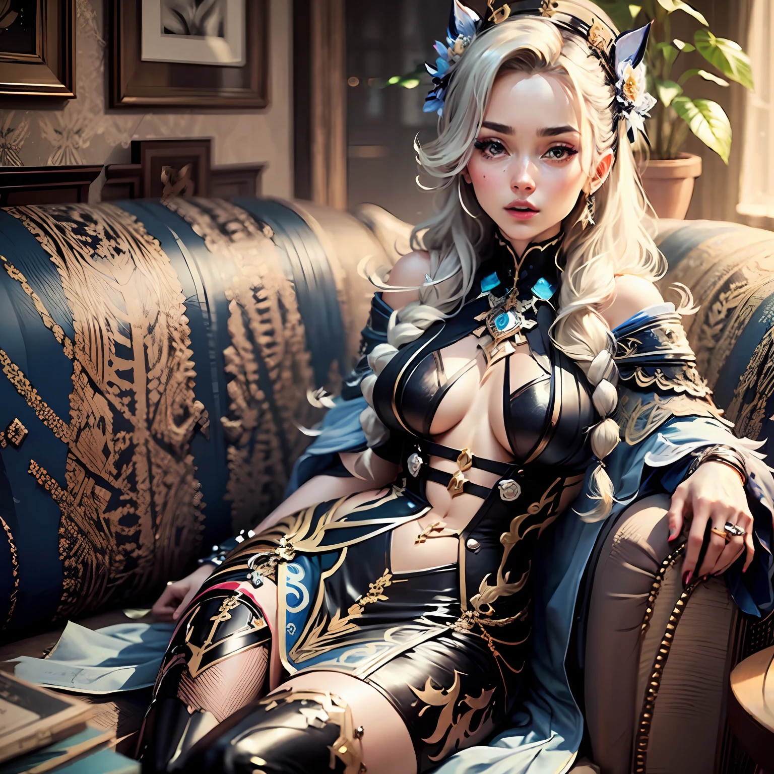 masterpiece, best quality, absurdres, 1girl, solo, choker minidress, 1girl, pale, fair skin, bedroom, huge breasts, face, eyes, (red hair), (long hair), red lipstick, masterpiece, best quality, high heels, full body, sitting on a couch, beautifully color-coded, heels, makeup, intricate skin pores, detailed skin (realistic: 1.2), UHD, global illumination, high contrast