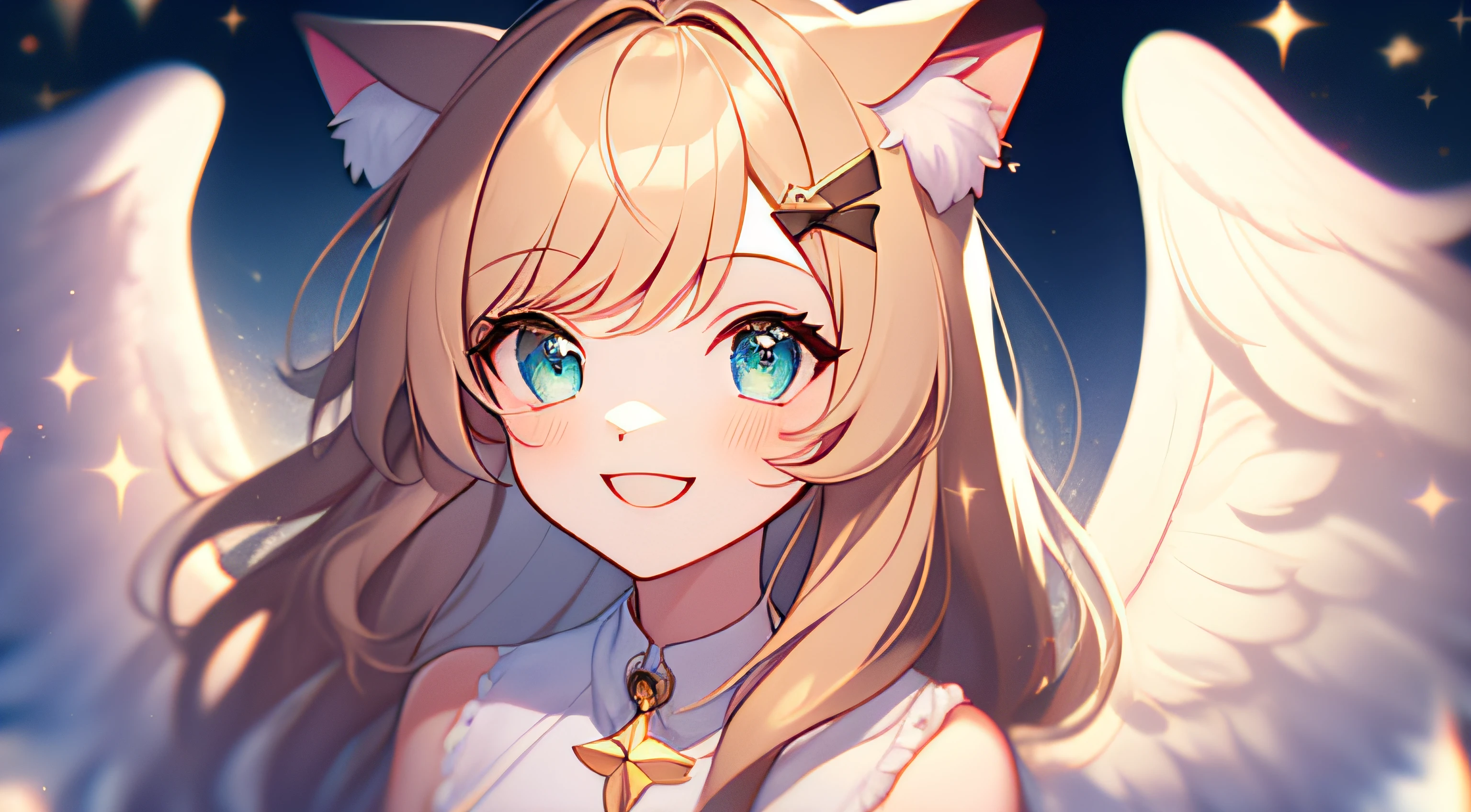 Beautiful girl cat ears, smile, beautiful twinkle, symmetrical angel wings