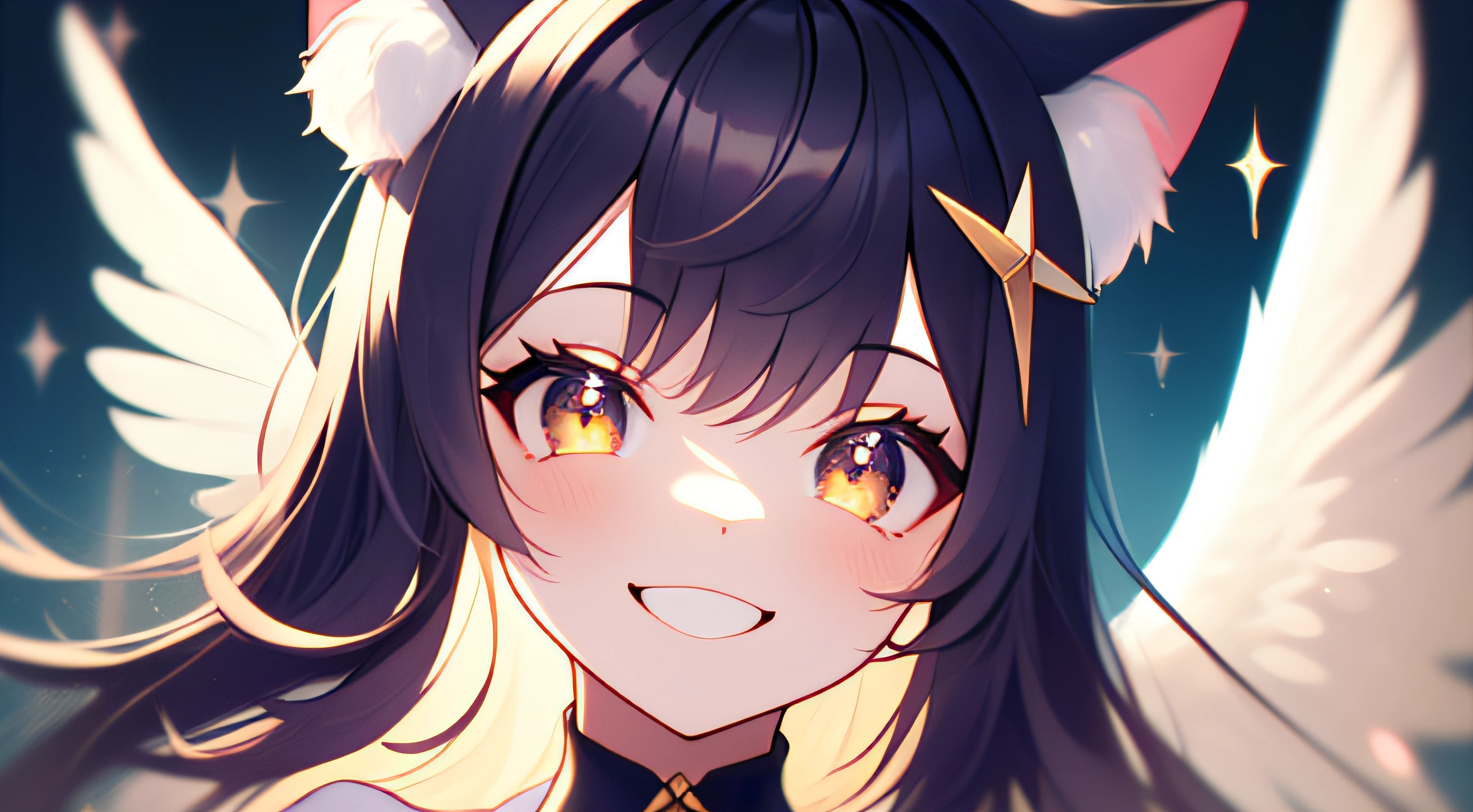 Beautiful girl cat ears, smile, beautiful twinkle, symmetrical angel wings