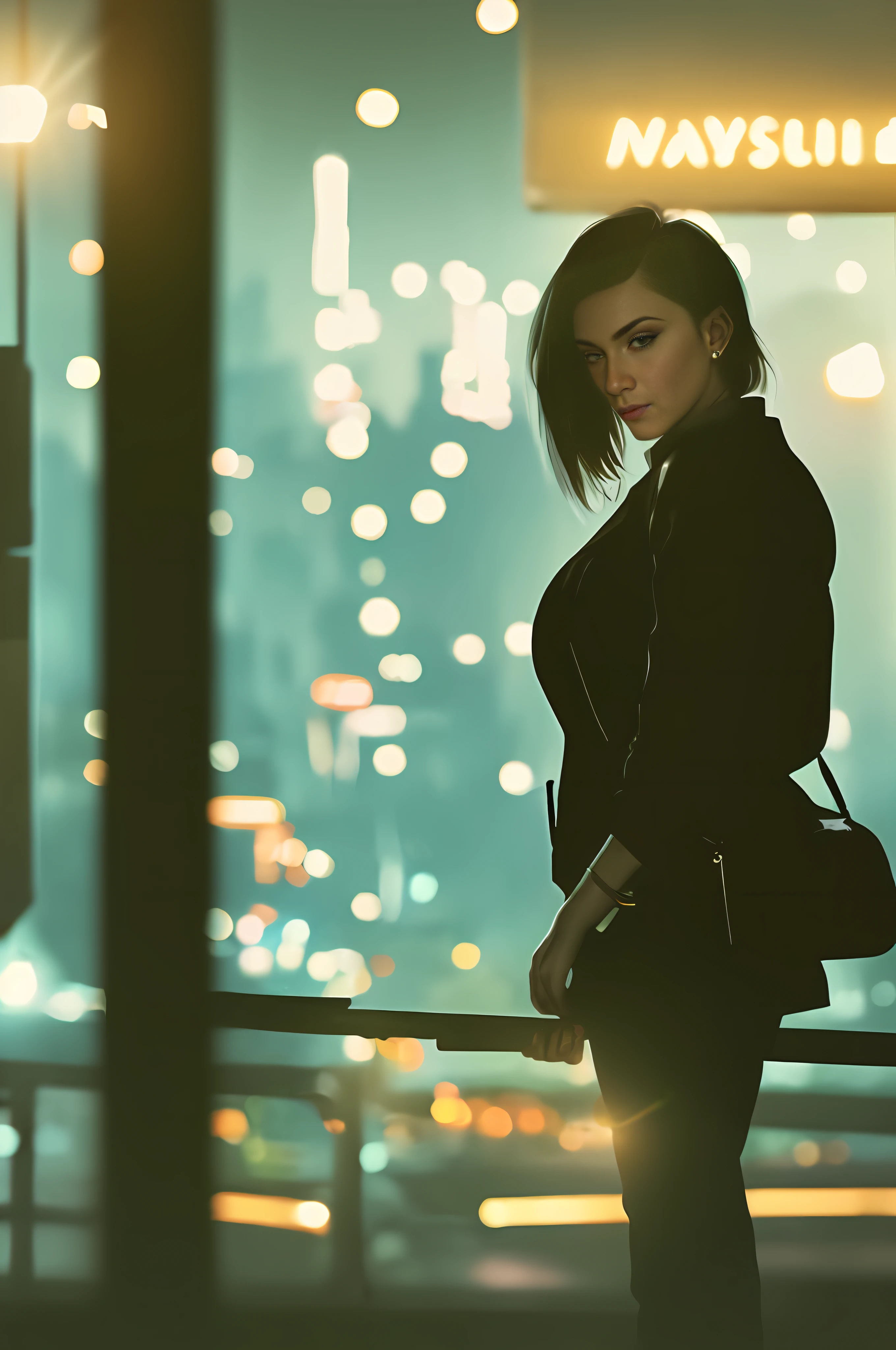 (masterpiece), (ultra-high quality), (hyper-realistic), award-winning cinematic photo of a beautiful sniper woman, cyberpunk at night, brown hair, serious look, atmospheric, dark city, noire, night town, neon lights, symbol, night atmosphere, dark natural colors, (((cinematic))), film, specular lighting, masterpiece, 8K camera, 80 mm. Global Illumination, Bokeh, Year 3024