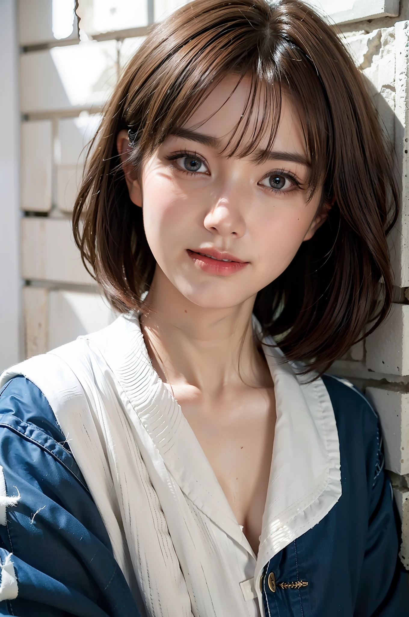 Top Quality, Masterpiece, Ultra High Resolution, (Realistic, : 1.4), Original Photo, (True Skin Texture: 1.3), (Film Grain: 1.3), Panorama, Portrait, Very Wide Lens, Narrow Waist, Denim Lens, (Bangs, Inconspicuous, Cold Light), Up Close, Tears, Short Hair, Long Neck, Ears, Bangs, Big Eyes, Brightly Colored Eyes, In the House, Dust, Tindall effect, (facial expression), sitting, (hitting a wall), crying, frowning, (looking down), nervousness, tears, smiling happily
one girl, eyes and face with beautiful details, white jabot, pink dark V, brown eyes,