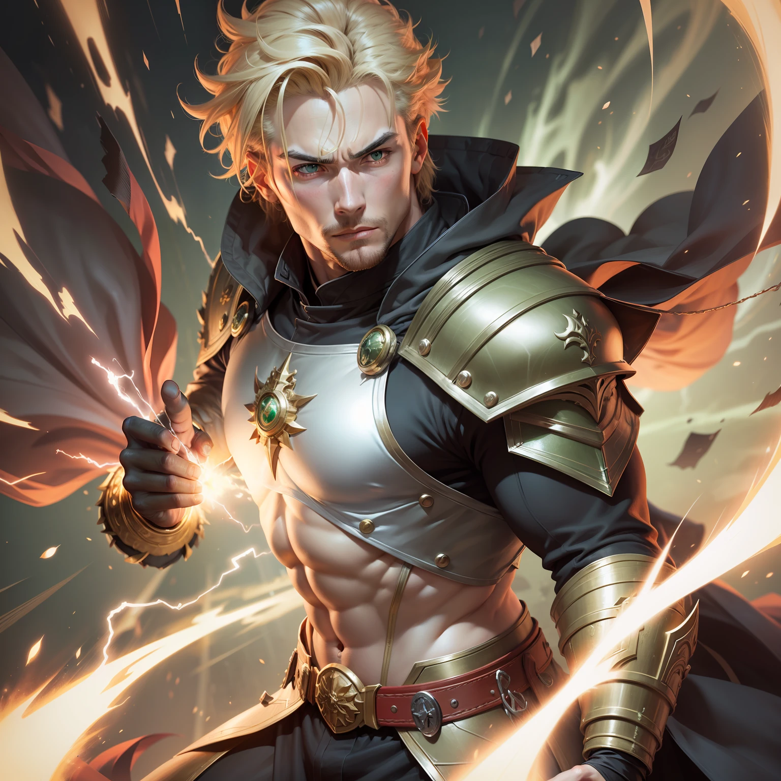 Realistic image of a handsome man in his early 30s, handsome, strong, blond, green eyes, dressed in black cleric's costumes with shoulder pads with green details, anime character style art, firing an electric energy, , fighter's posture, determined expression, aura of energy around the body