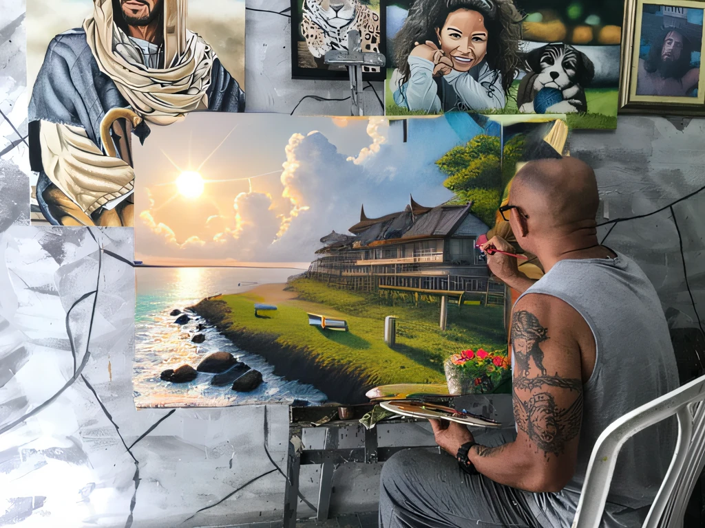 Realistic painting perfection quality of a beautiful sun pro on a beach with beautiful clouds maximum quality of detail, perfect image, 64k