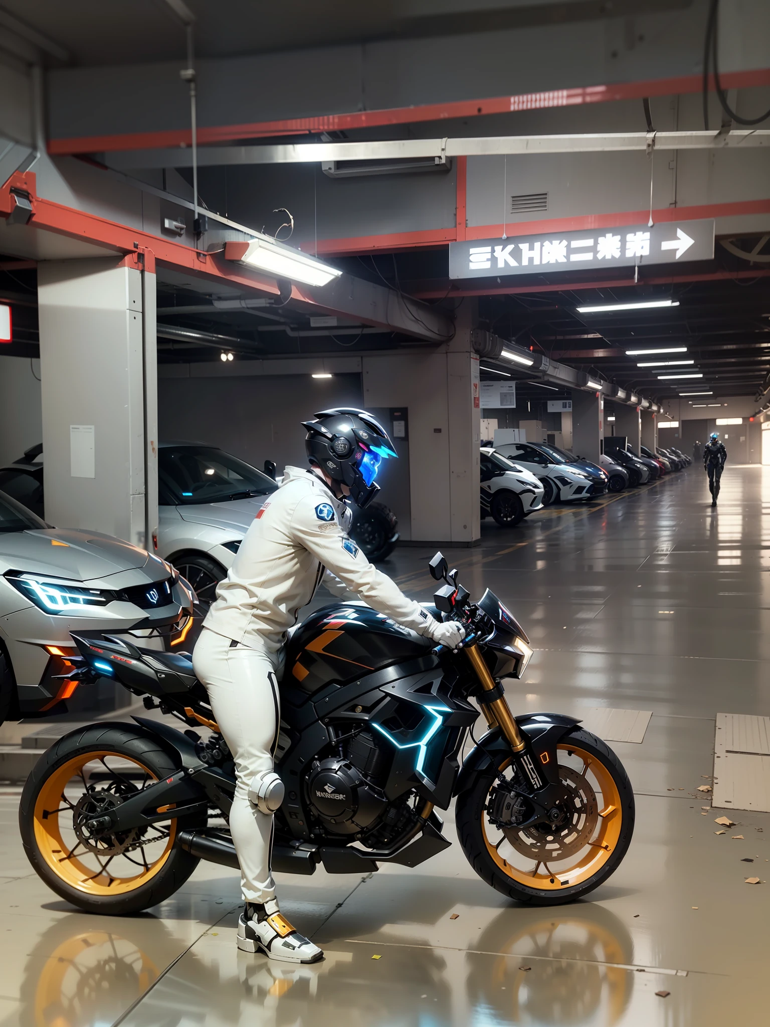 Handsome full body white mecha white short hair cyber handsome warrior, black cyber mechanical motorcycle, high-tech black full surround helmet, white short hair, Nousr, biomechanics, MSHN robot man, high-tech helmet, surreal, steel, intricate design, crazy details, fine details, extremely clear lines, cinematic lighting, photo realism, detailed masterpiece