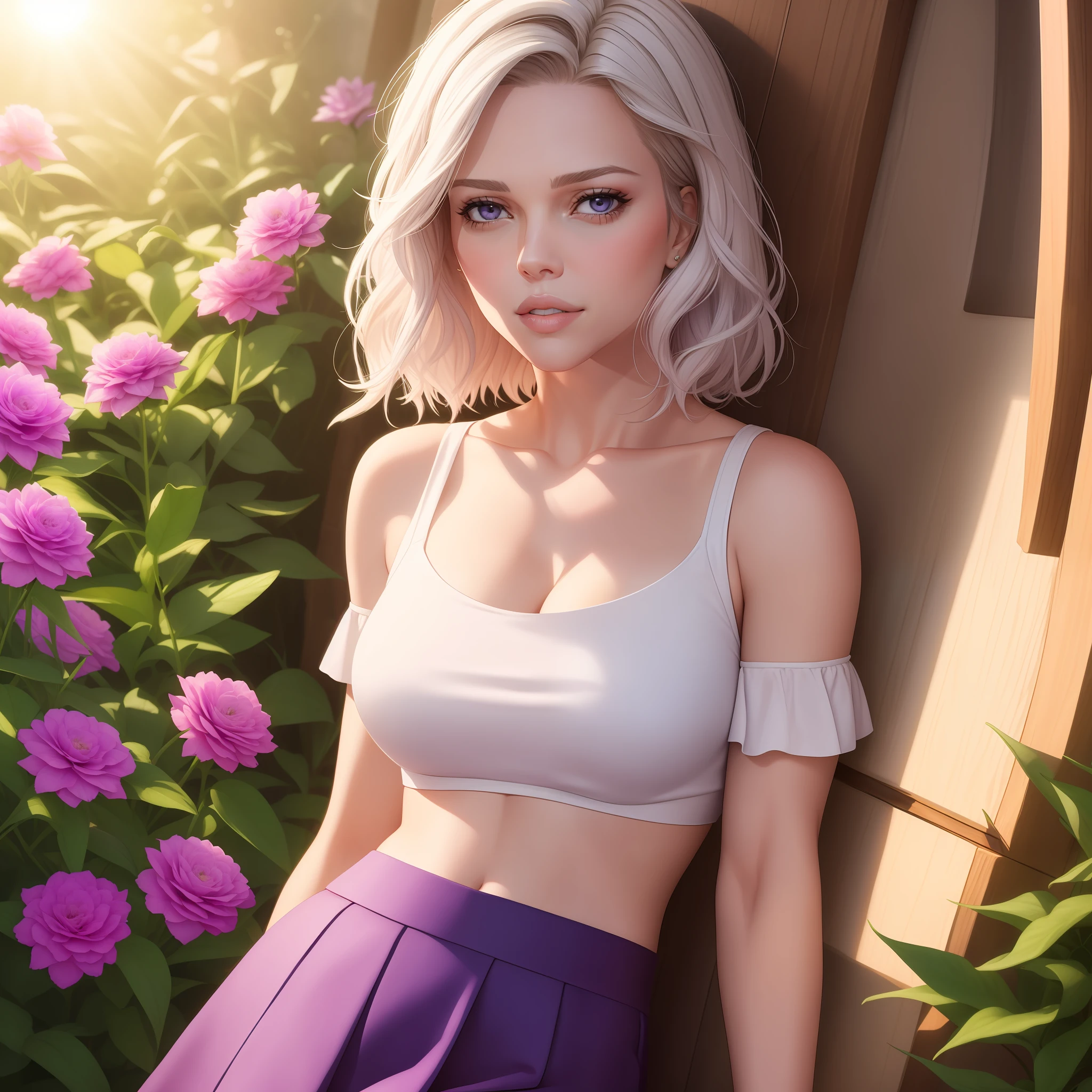 Scarlett Joansson realistic, white hair, purple eyes, bright eyes, cropped top, skirt, lips half-open, blush, night, flowers, sun, sunlight,