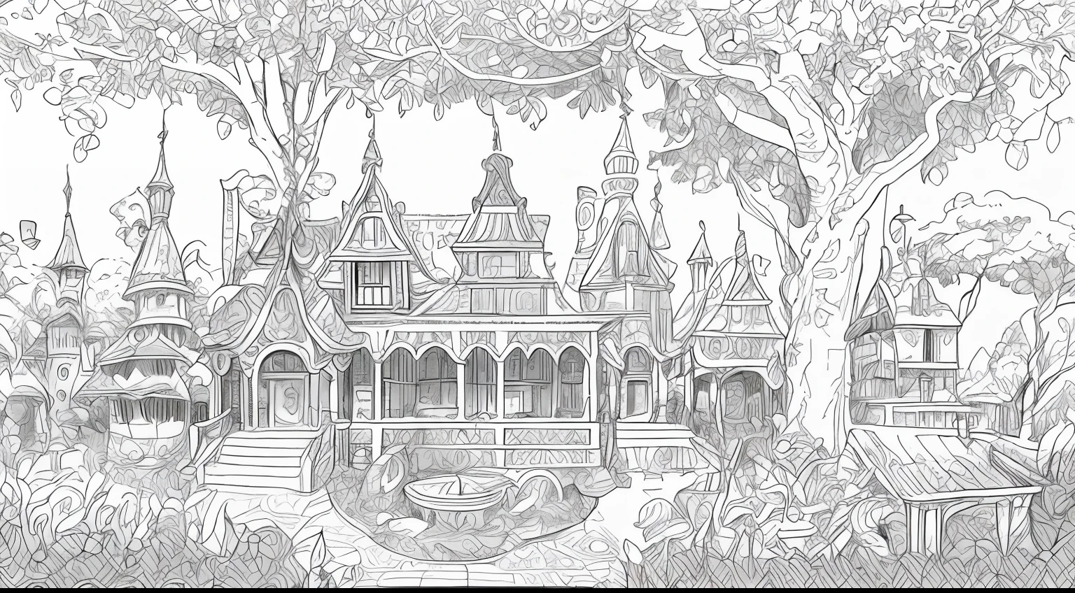 a drawing of a house with a garden, trees, animals, intricate detailed garden, highly detailed linework, extremely detailed linework, highly detailed magical fantasy, full page illustration, castle scene manga, coloring book sketch, coloring book style, ornate intricate ultra detailed, ornate and hyper detailed, detailed linework, dense linework, medeival fantasy city,  insanely detailed linework