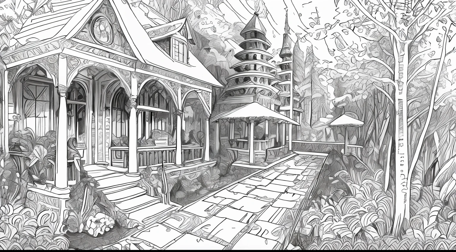 a drawing of a house with a garden, trees, animals, intricate detailed garden, highly detailed linework, extremely detailed linework, highly detailed magical fantasy, full page illustration, castle scene manga, coloring book sketch, coloring book style, ornate intricate ultra detailed, ornate and hyper detailed, detailed linework, dense linework, medeival fantasy city,  insanely detailed linework