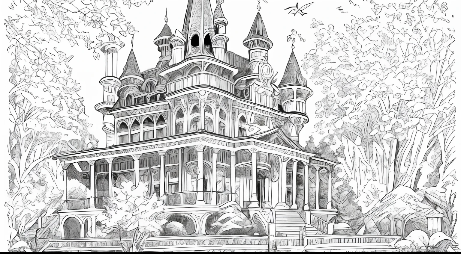 a drawing of a house with a garden, trees, animals, intricate detailed garden, highly detailed linework, extremely detailed linework, highly detailed magical fantasy, full page illustration, castle scene manga, coloring book sketch, coloring book style, ornate intricate ultra detailed, ornate and hyper detailed, detailed linework, dense linework, medeival fantasy city,  insanely detailed linework