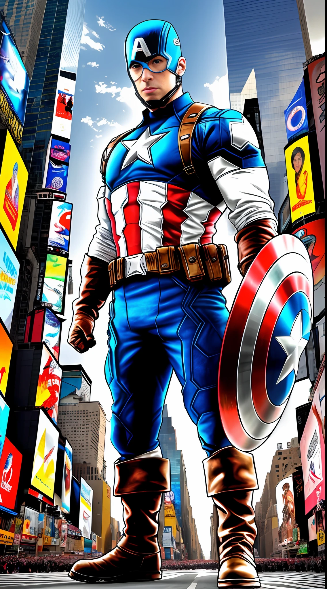 Captain America, Superhero, Times Square, On the Walk, New York, City Square, Daytime, Futuristic, Full Body Shot, Frontal Perspective.