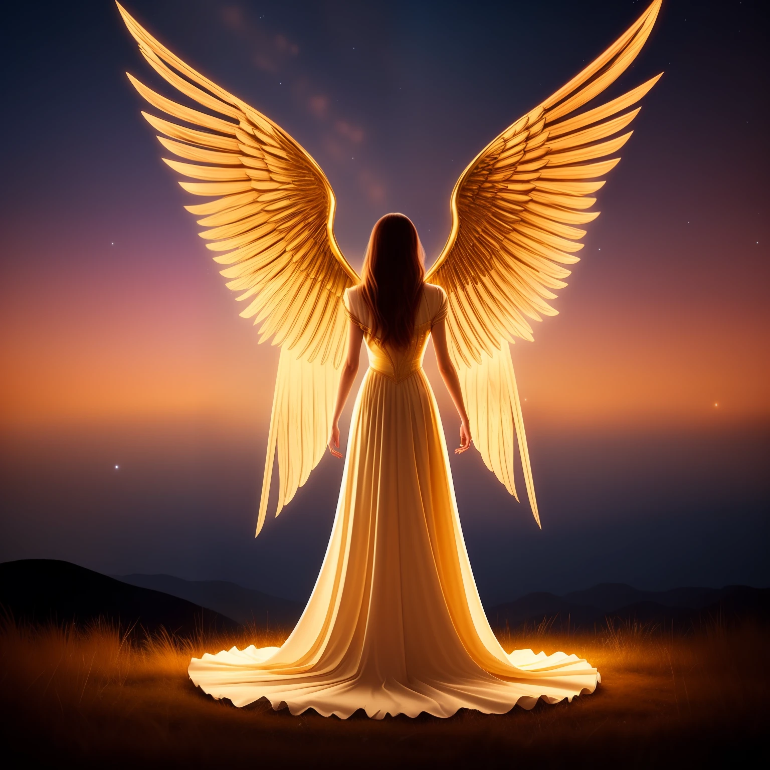 A woman with long, golden hair, with majestic wings on her back, is standing in a nocturnal landscape illuminated by a soft light. Her dress is golden and fluid, matching perfectly with the glow of the stars in the background. --auto