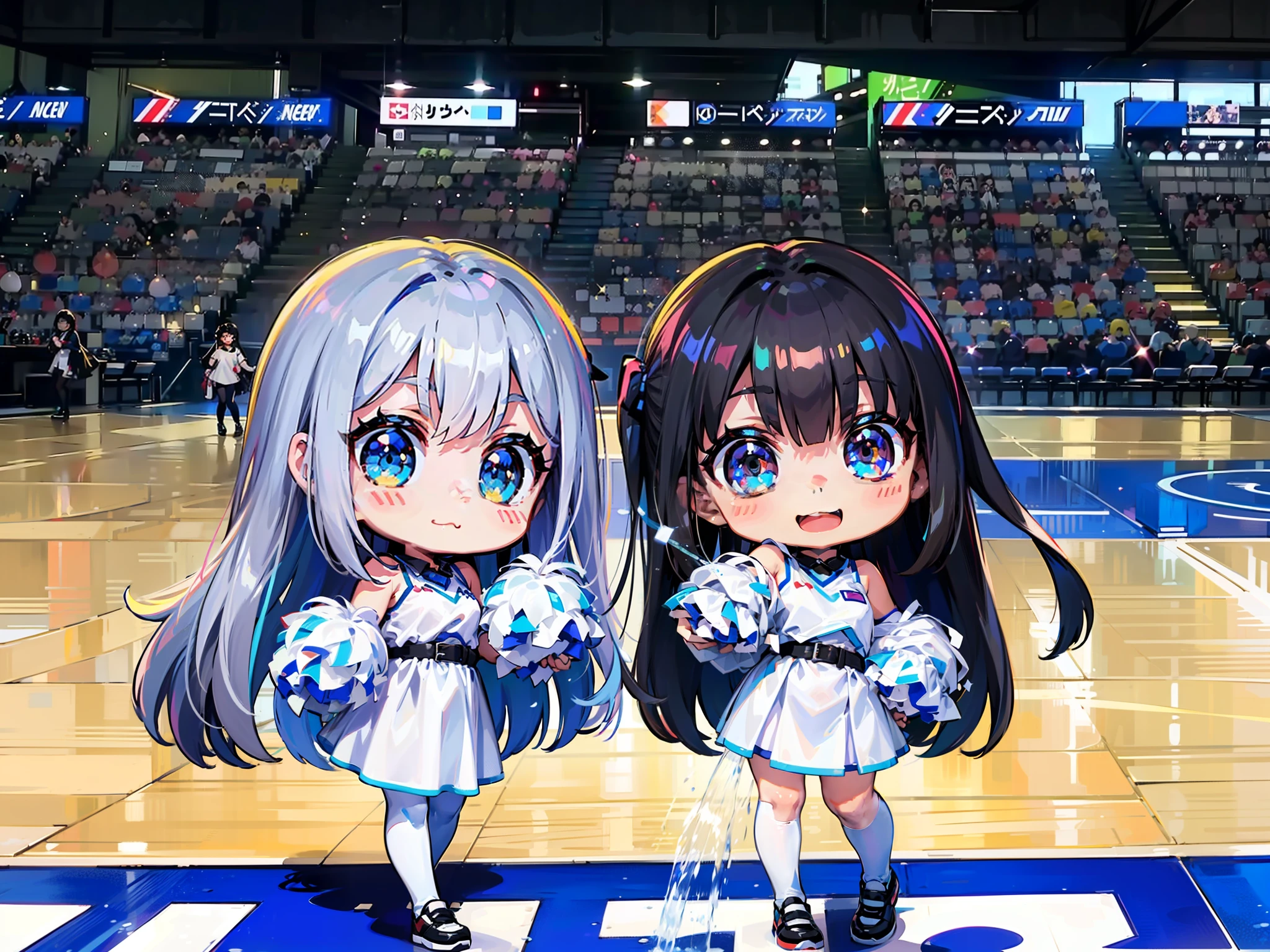 Two Asian women of cheergirl, wearing a cheergirl uniform, clothes are sleeveless clothes, Yui has beautiful brown hair and long hair., beautiful five-fingered hands, Aya has beautiful dark blue hair and long hair., eye color is the same as hair color, wearing the same clothes, good friends, both smiling, holding bonbons in both hands, costume is as shown in the photo, shiny silver, small, Shiny silver clothes, V-neck clothes, no logos and letters on clothes, clothes with glitter silver uniforms, clothes are non-see-through fabric 🚿🗝📝 🔞🤡 2263539546], ❤🔥🍄🌪 8 km race)), anim、、、、、、、、、、、e-style mascot type, background is all blue., clothes without ribbons, only blue lines, belly button style, white clothes