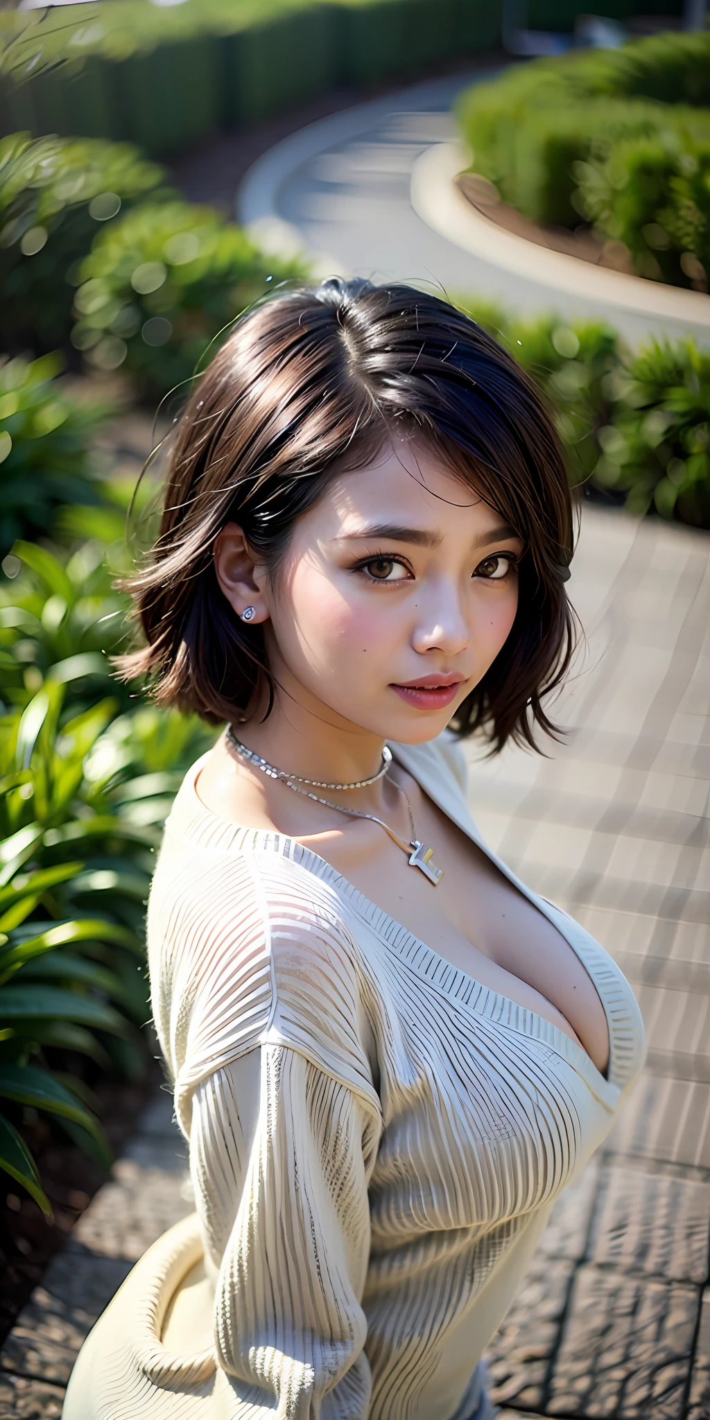 (Best quality, 8k, 32k, Masterpiece, UHD:1.2),Photo of Pretty indonesian woman, large breasts, very short bob hair,upper body,face focus,oversized_sweater, necklace, garden background, from above, looking at viewer, --s2