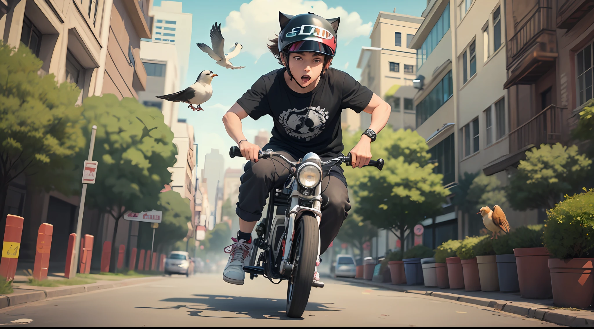 Cartoon of a skateboard riding a skateboard with a cat chasing and a bird with car wheels --auto --s2