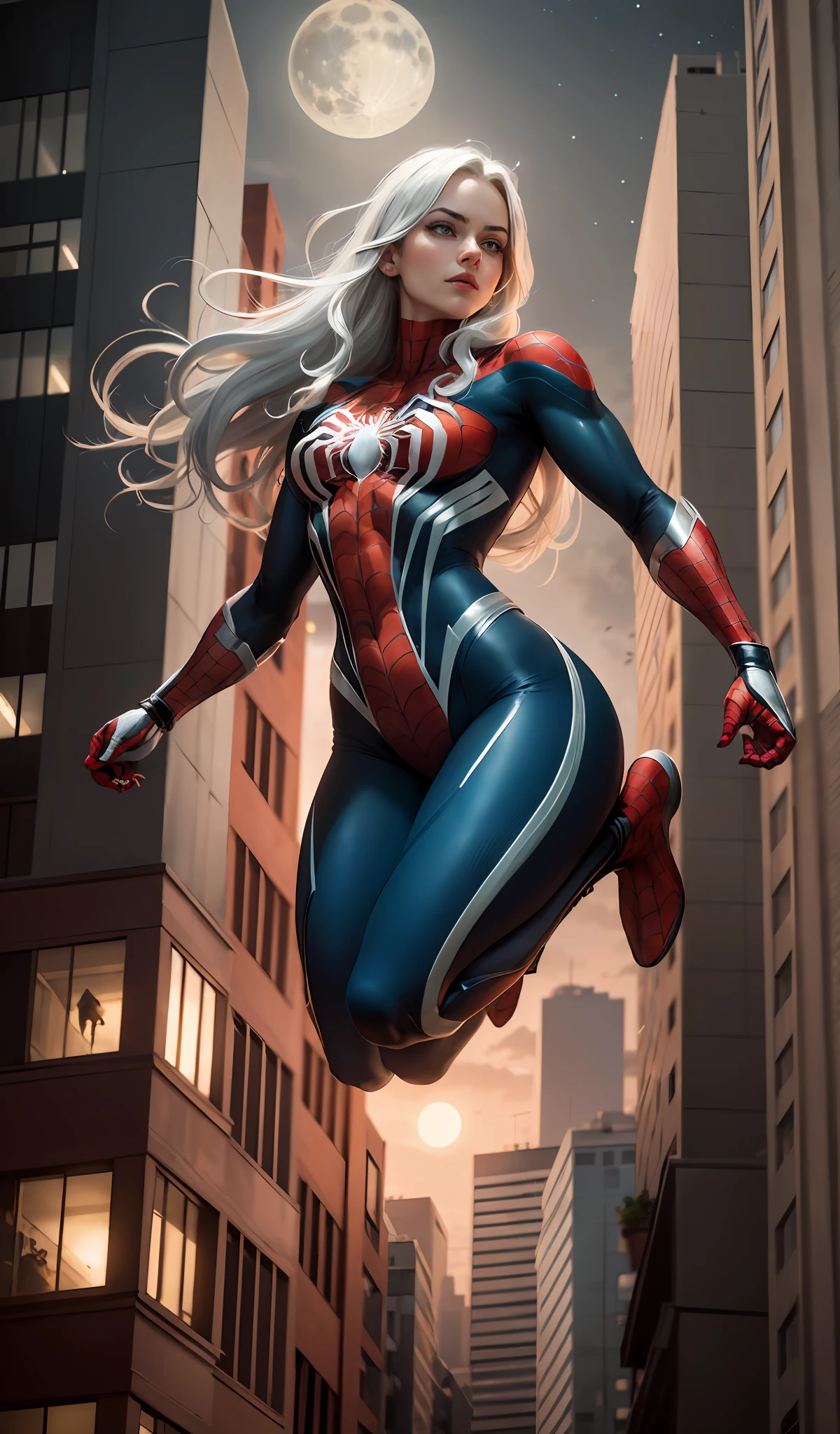(Masterpiece, 4k resolution, ultra-realistic, very detailed), (White superhero theme, charismatic, there's Emma Stone at the top of town, wearing Spider-Man costume, she's a superhero), [ ((25 years), (long white hair:1.2), full body, (blue eyes:1.2), ((Spider-Man pose),show of strength, jump from one building to another), ((sandy urban environment):0.8)| (cityscape, at night, dynamic lights), (full moon))] # Explanation: The Prompt mainly describes a 4K painting of ultra-high definition, very realistic, very detailed. It shows a superheroine at the top of the city, wearing a Spider-Man costume. The theme in the painting is a white superhero theme, the female protagonist has long white hair, is 25 years old and her entire body is shown in the painting. In terms of portraying the actions of superheroines, spiders are employed