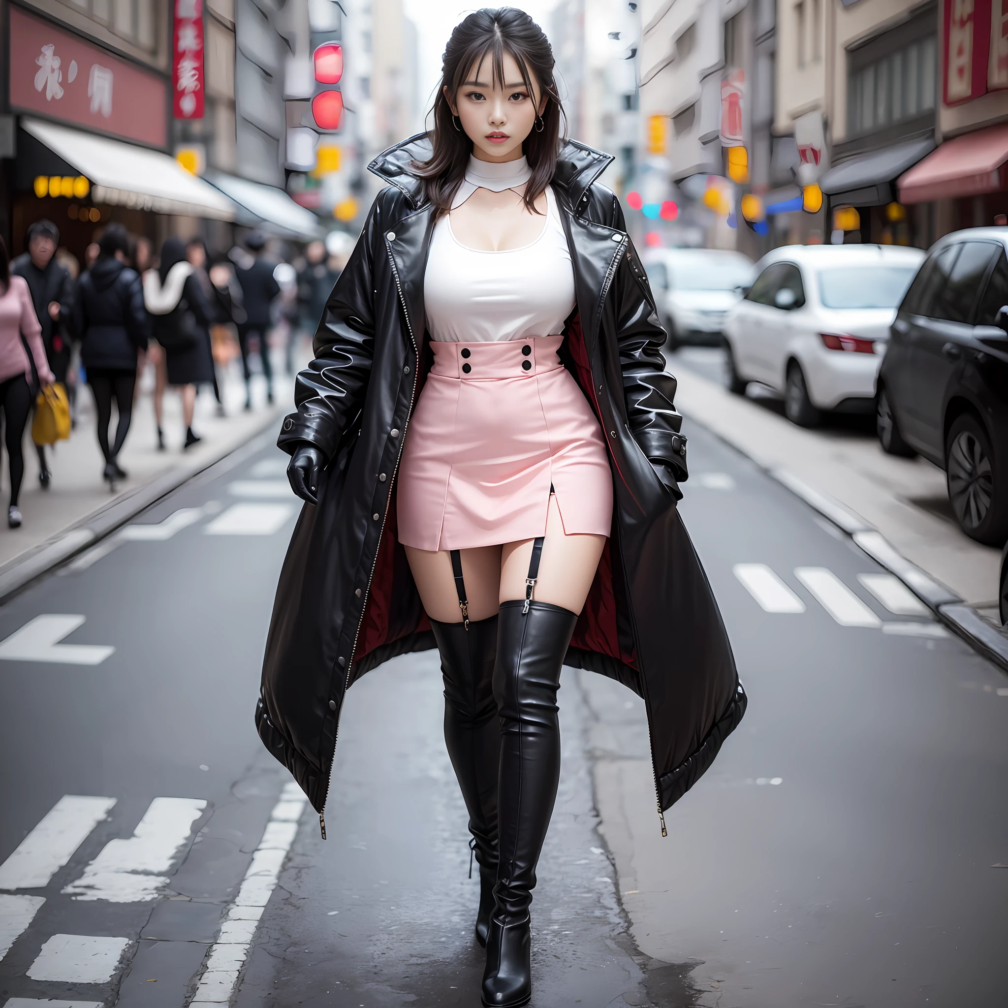 A woman in a white top and black boots standing on the street, Chinese female fashion model, white fluffy clothes, short skirt and long jacket, Japanese city street fashion, black pink Rosan Park, she wears streetwear, Japanese street fashion, Tokyo fashion, street dress woman in jacket and skirt, street fashion, Harajuku street fashion, beautiful woman walking in the wind, black gloves, over-the-knee red boots, tall, long legs, perfect body proportions, thin waist, black suspender stockings, tall, Slender body, nine-headed body, big eyes, beautiful and exquisite face, perfect body details, perfect body proportions, perfect visual proportions, fashion shooting, glamorous, feminine, delicate, highlighting female curves, subtext: sexy, confident. Chinese woman --auto --s2