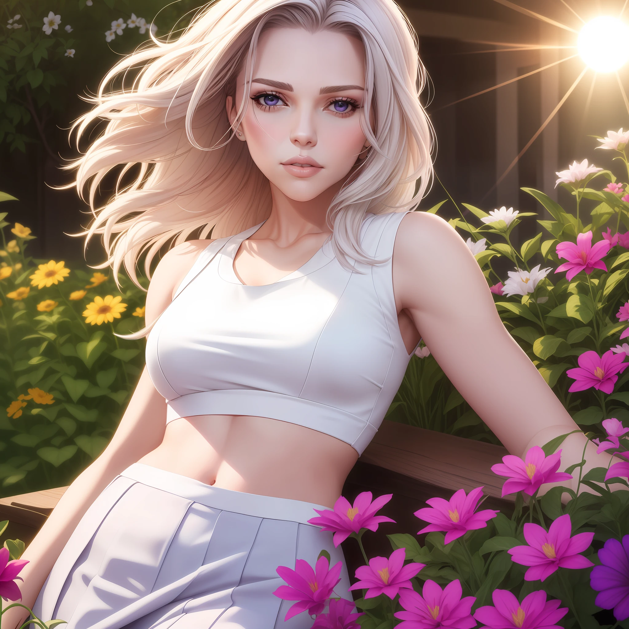 Scarlett Joansson realistic, white hair, purple eyes, bright eyes, cropped top, skirt, lips half-open, blush, night, flowers, sun, sunlight,
