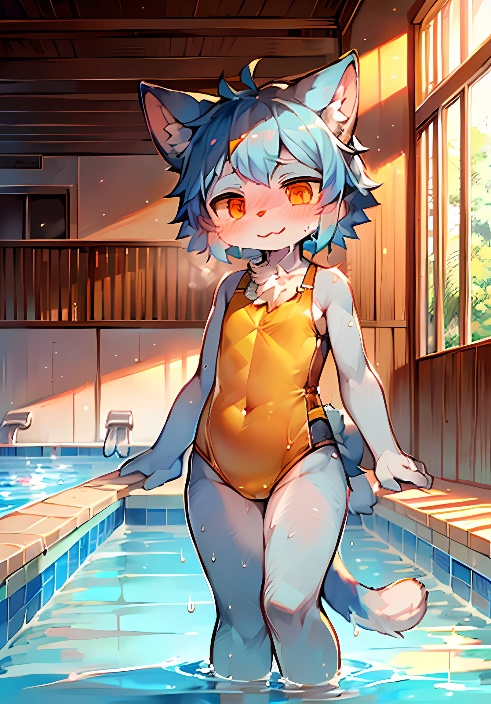 Masterpiece, high quality, absurd resolution, digital painting \ (artwork \), dagasi, yupa, kiyosan, (fluffy fur: 1.1), (brightness: 0.8), anthro male cat. (orange eyes, gray-blue fur, full body fur, cat nose: 1.2), bright eyes, panorama, character focus. Detailed background, (yellow swimsuit, sweat, liquid, freestyle: 1.2), (indoor, swimming pool: 1.2)