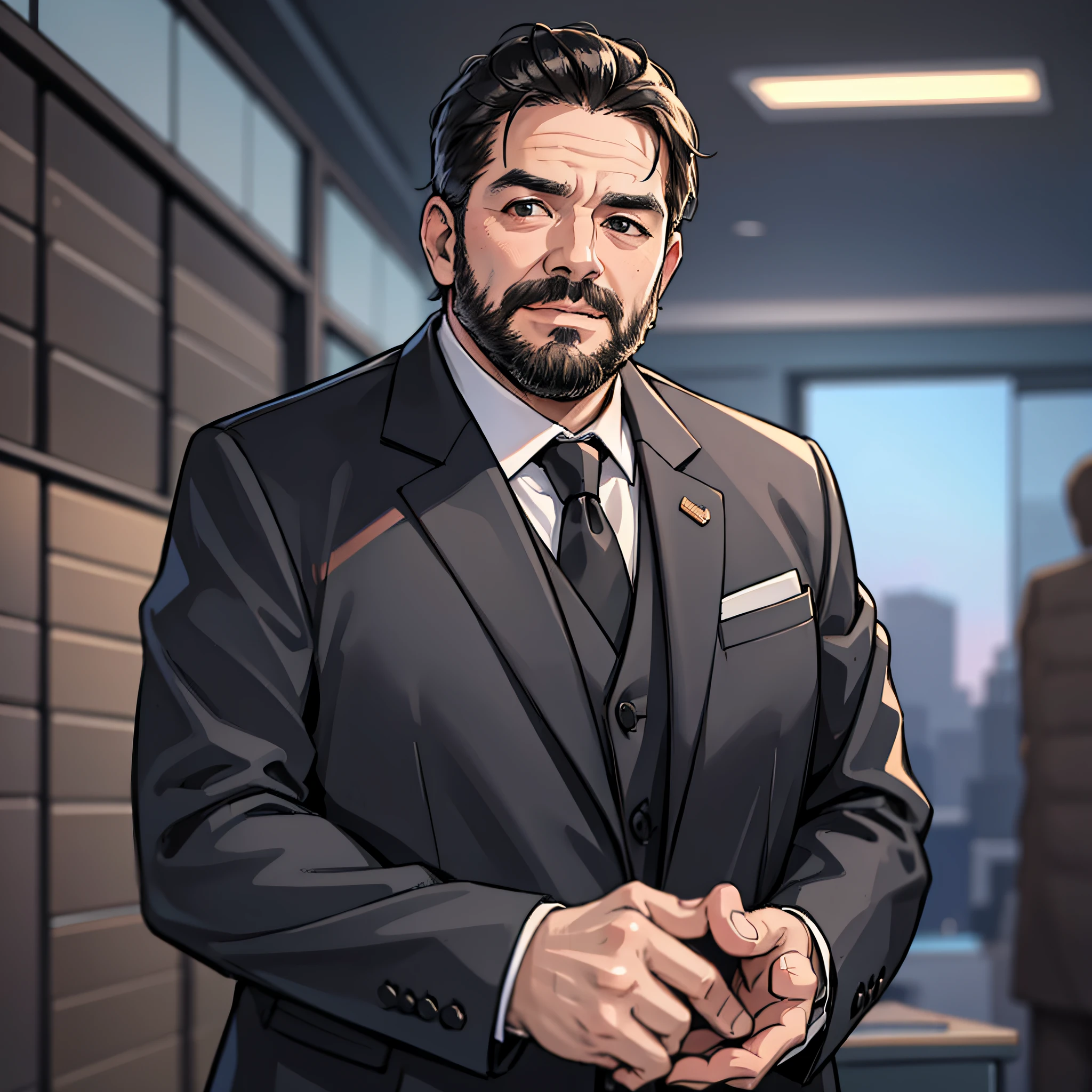 A middle-aged man in a black suit, bearded, fat, office on background, standing, head down, high resolution, 4K