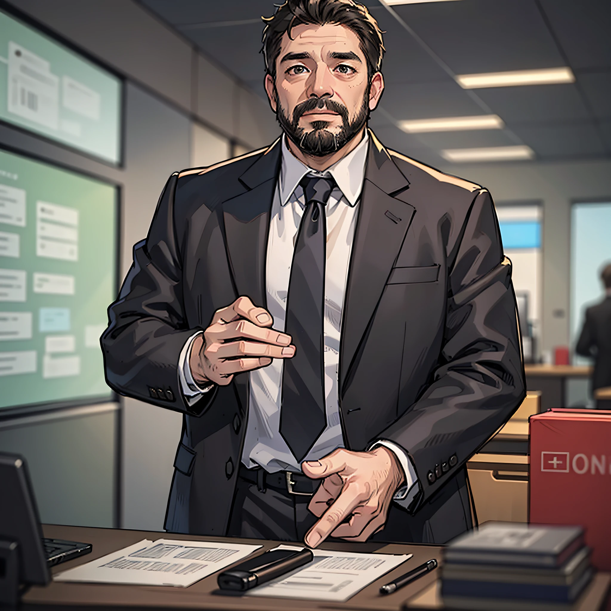 A middle-aged man in a black suit, bearded, fat, office on background, standing, head down, high resolution, 4K