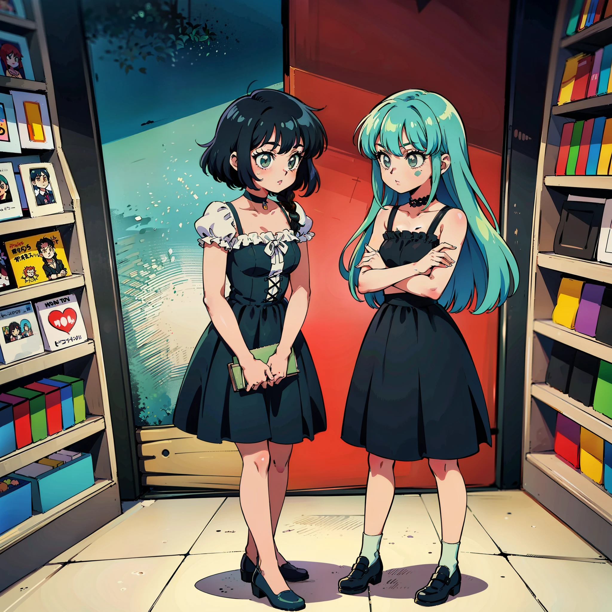 with short blue hair, braids on the right side of her head, full body, short black skirt, Lolita gothic dr modern gothic, light green eyes, in the store of old items such as gun toys and books, retro anime style, 80s anime, 80s retro anime, bright colors and solid shades