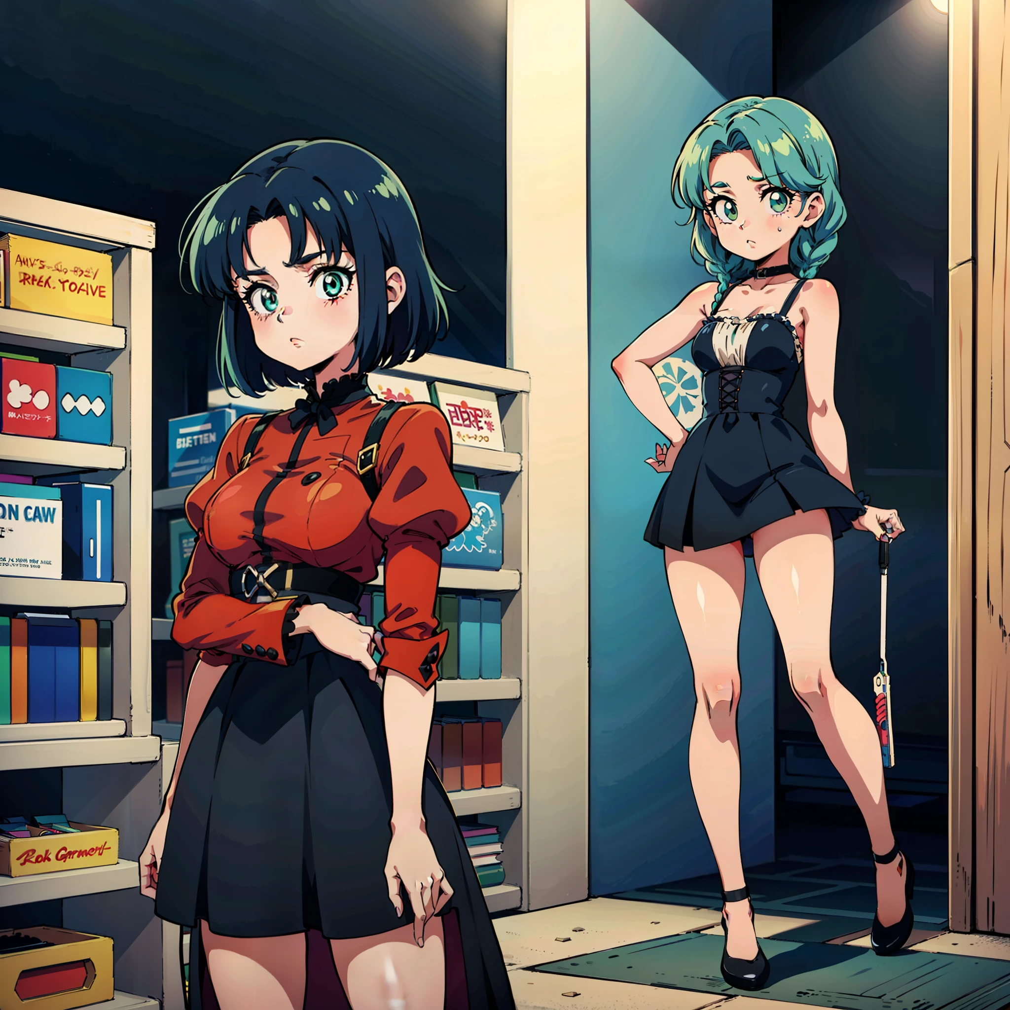16-year-old girl with short blue hair, braids on the right side of her head, full body, short black skirt, Lolita gothic dress, modern gothic, light green eyes, in the store of old items such as gun toys and books, retro anime style, 80s anime, 80s retro anime, bright colors and solid shades