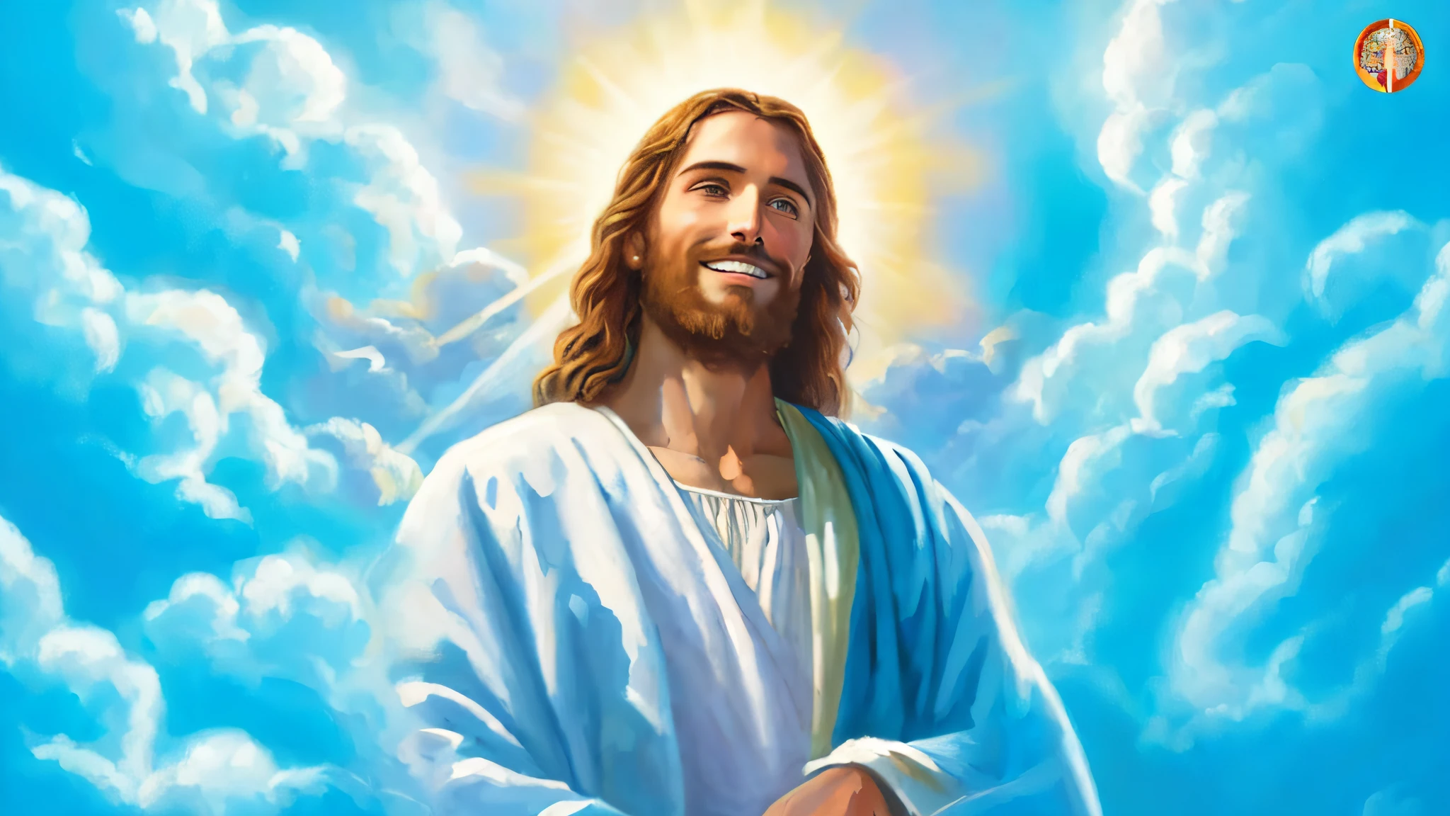 a painting of jesus with a halo in the sky, jesus christ, smiling in heaven, portrait of jesus christ, jesus face, young almighty god, portrait of a heavenly god, greg olsen, gigachad jesus, jesus of nazareth, jesus, the face of god, god looking at me, he is greeting you warmly, he is happy, avatar image