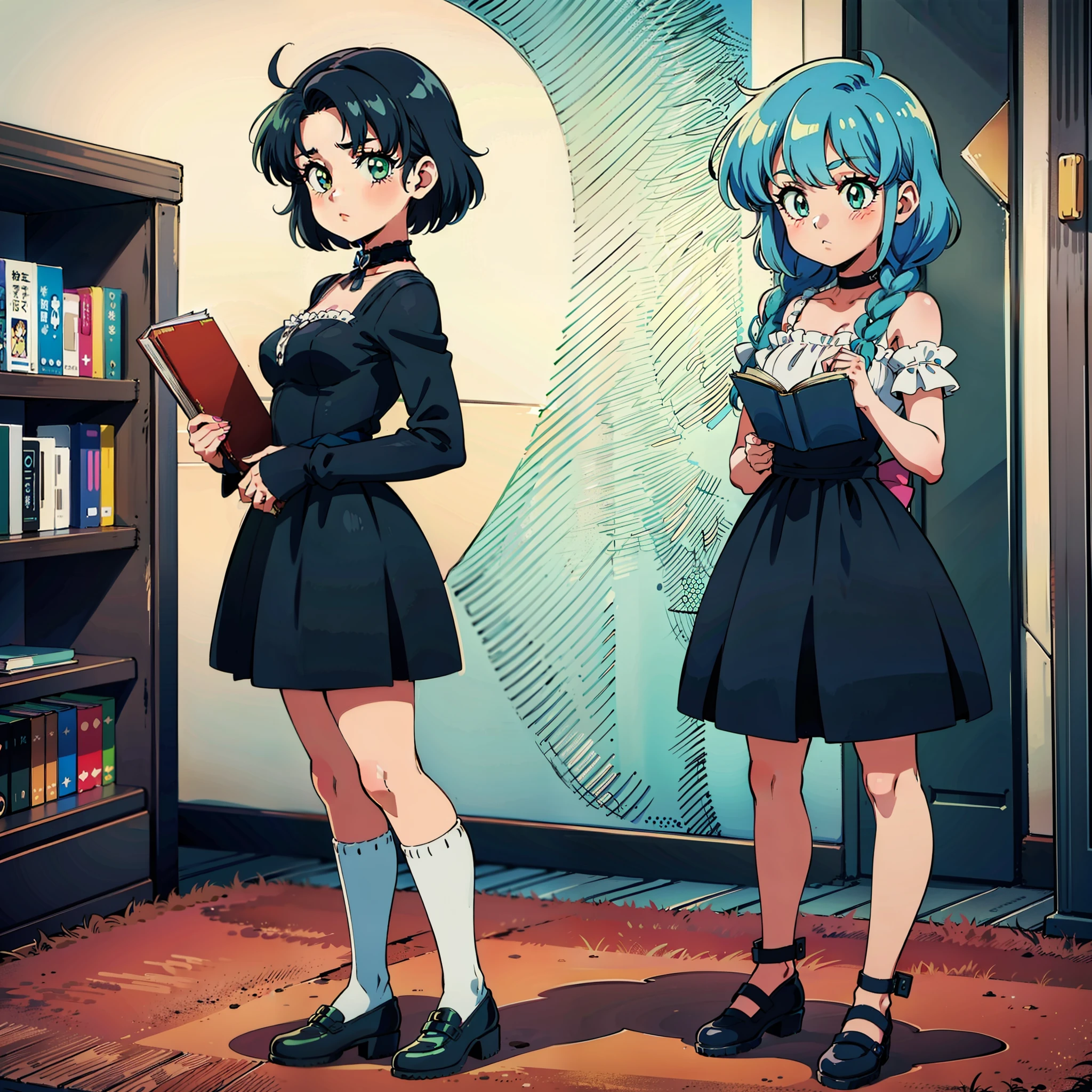 with short blue hair, braids on the right side of her head, full body, short black skirt, Lolita gothic dr modern gothic, light green eyes, in the store of old items such as gun toys and books, retro anime style, 80s anime, 80s retro anime, bright colors and solid shades
